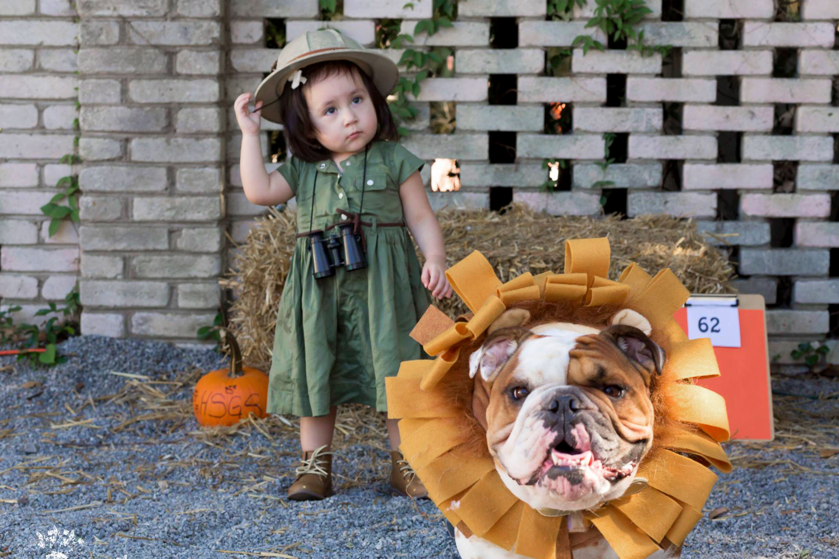 A young girl and her dog are dressed for a safari.