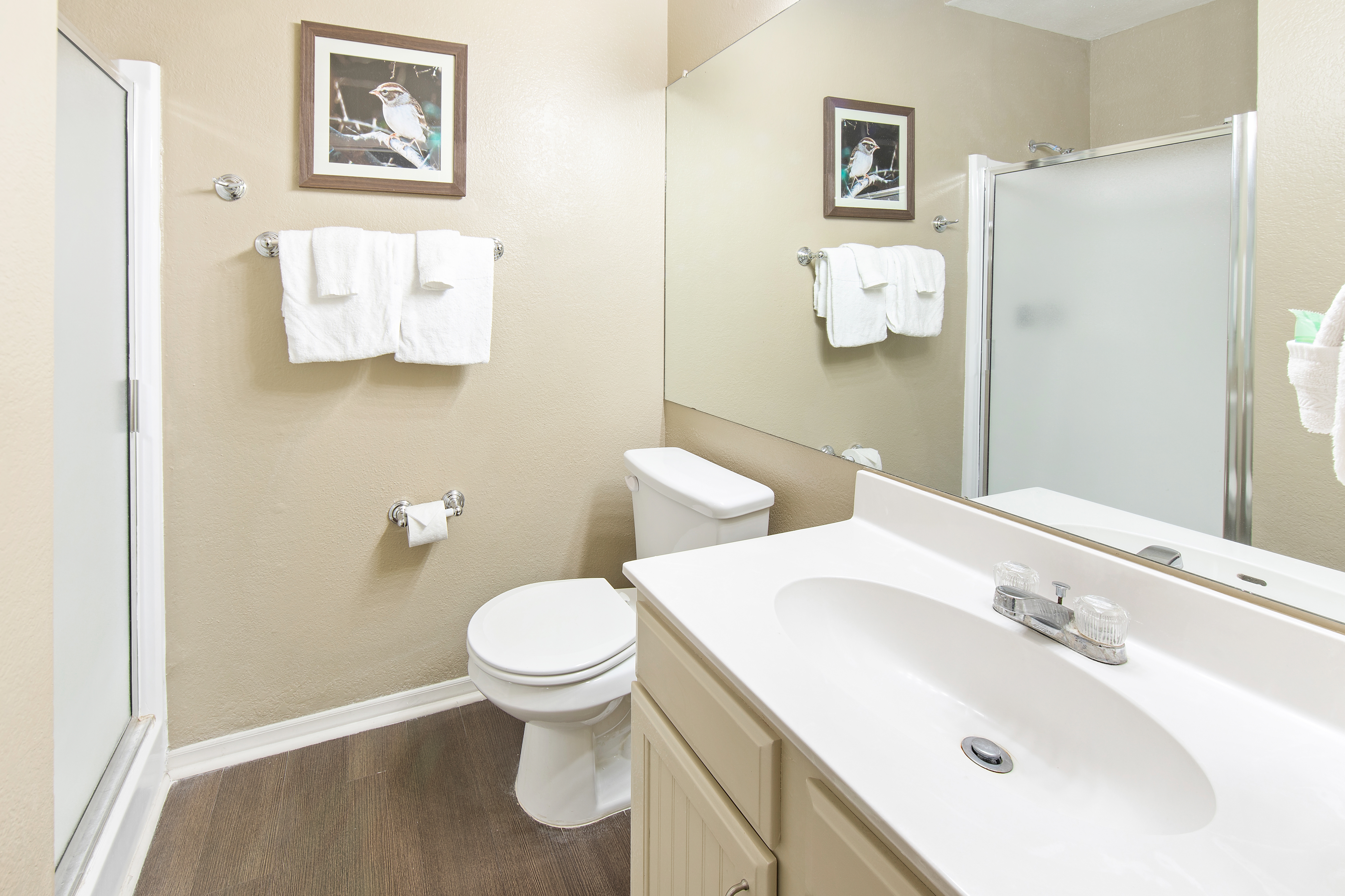 Bathroom in two-bedroom cabin at the Hill Country Resort in Canyon Lake, Texas.