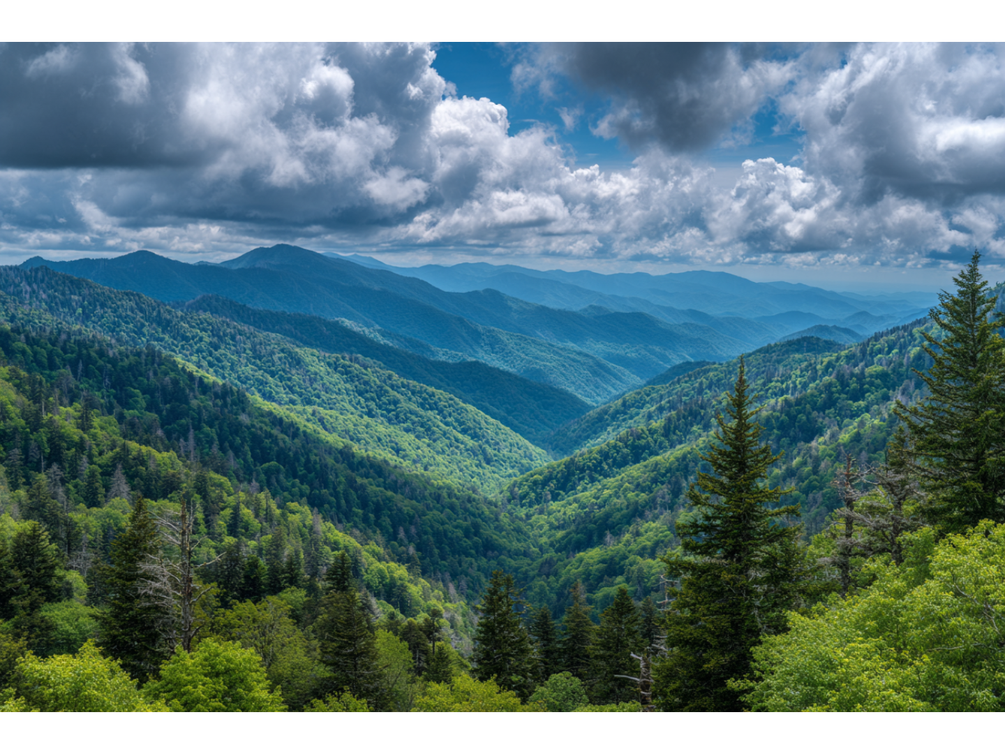 Vast landscape with lush green forests under clouds and blue sky.
