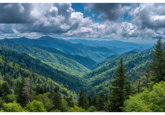 Vast landscape with lush green forests under clouds and blue sky.