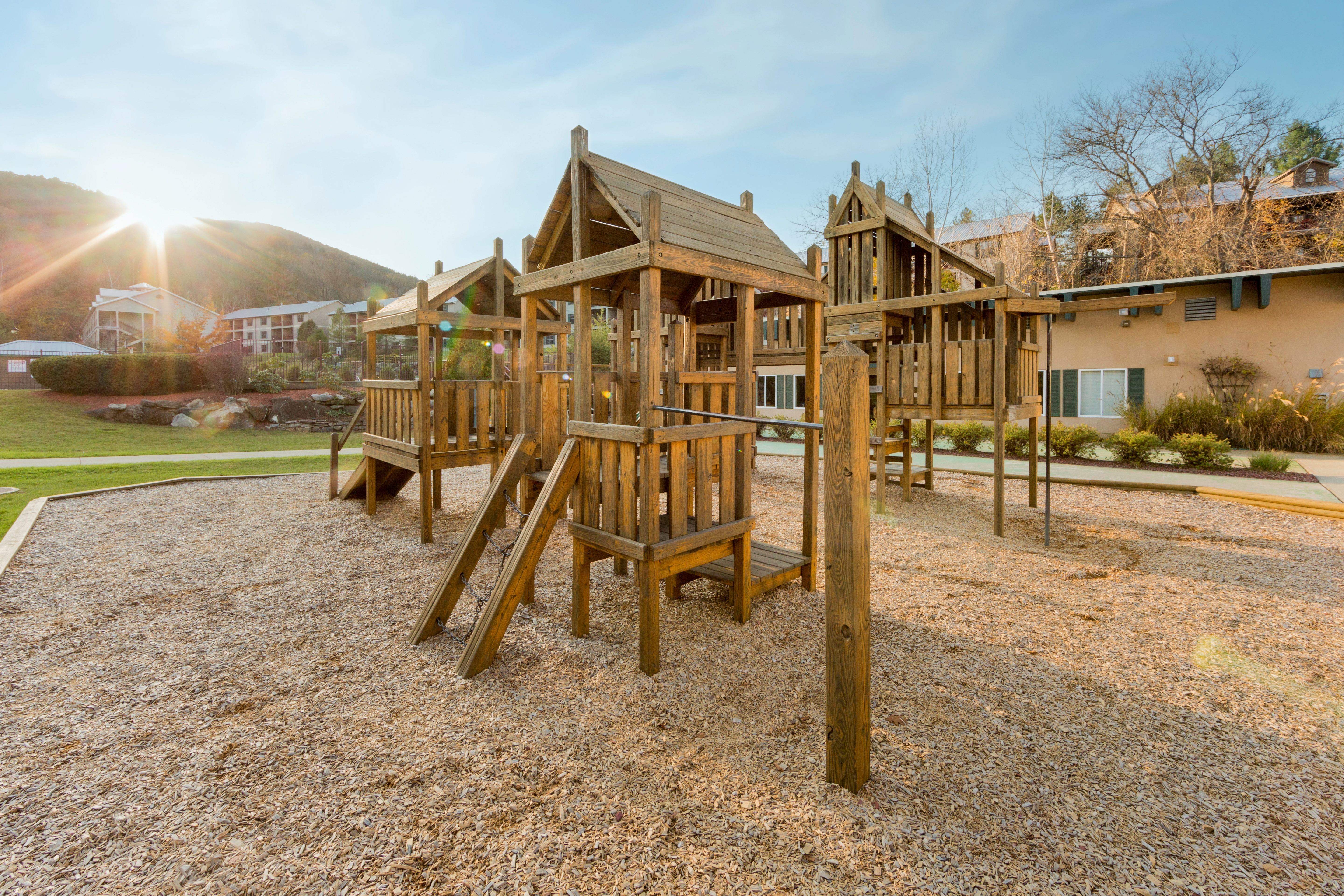 Wooden jungle gym on the property of the Oak n' Spruce Resort in South Lee, Massachusetts.