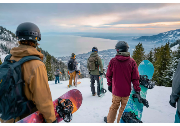 Snowboarders preparing for a run down snowy slopes, overlooking mountains and a scenic valley
