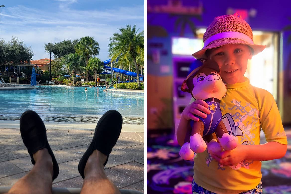 Left: A pair of black shoes on a man's feet hang off a poolside lounge chair overlooking a zero-entry pool. Right: A young boy in a straw fedora and yellow rash-guard holds a plush puppy toy in an indoor arcade.