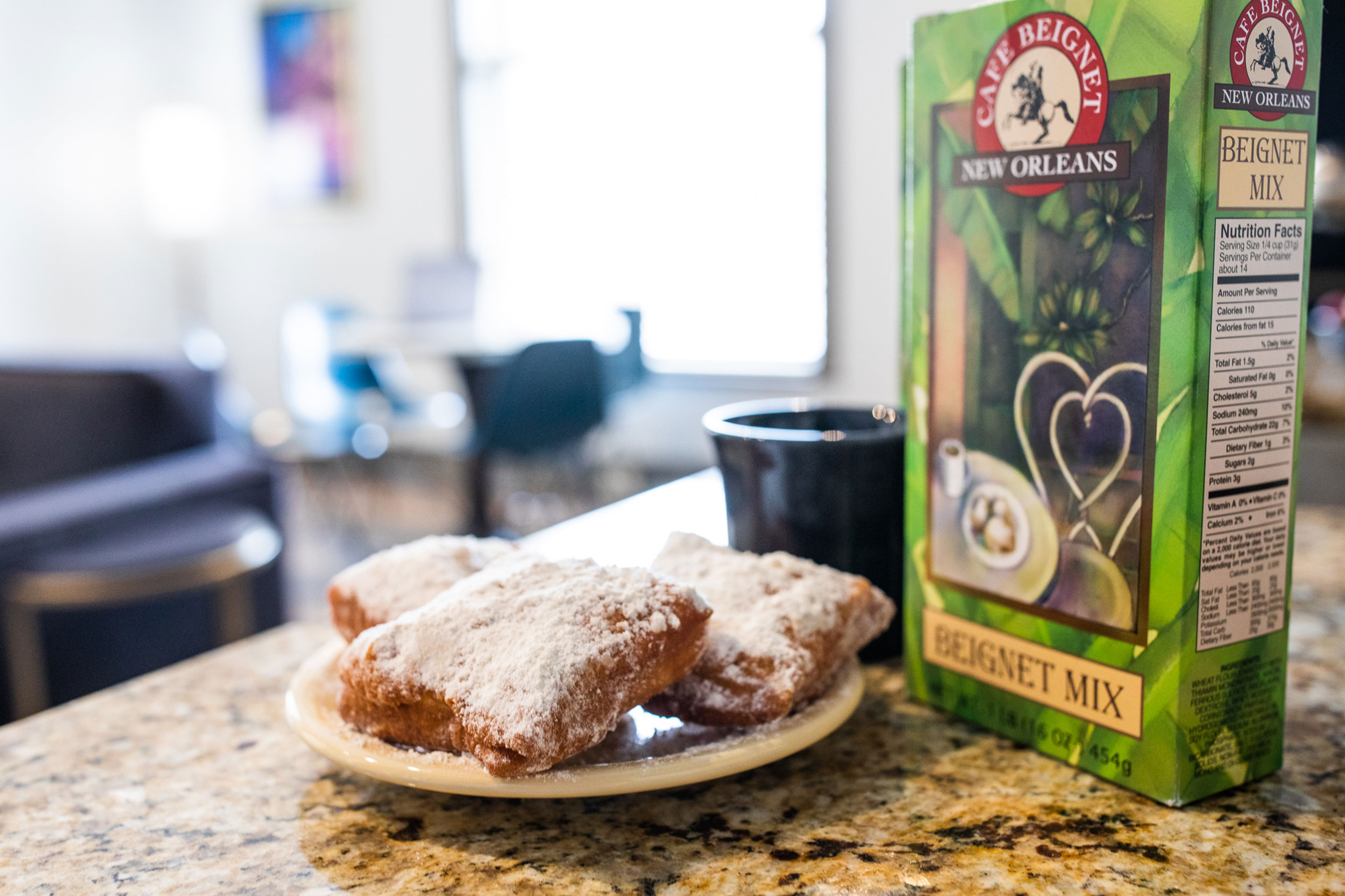 Cafe Beignet mix on a countertop.