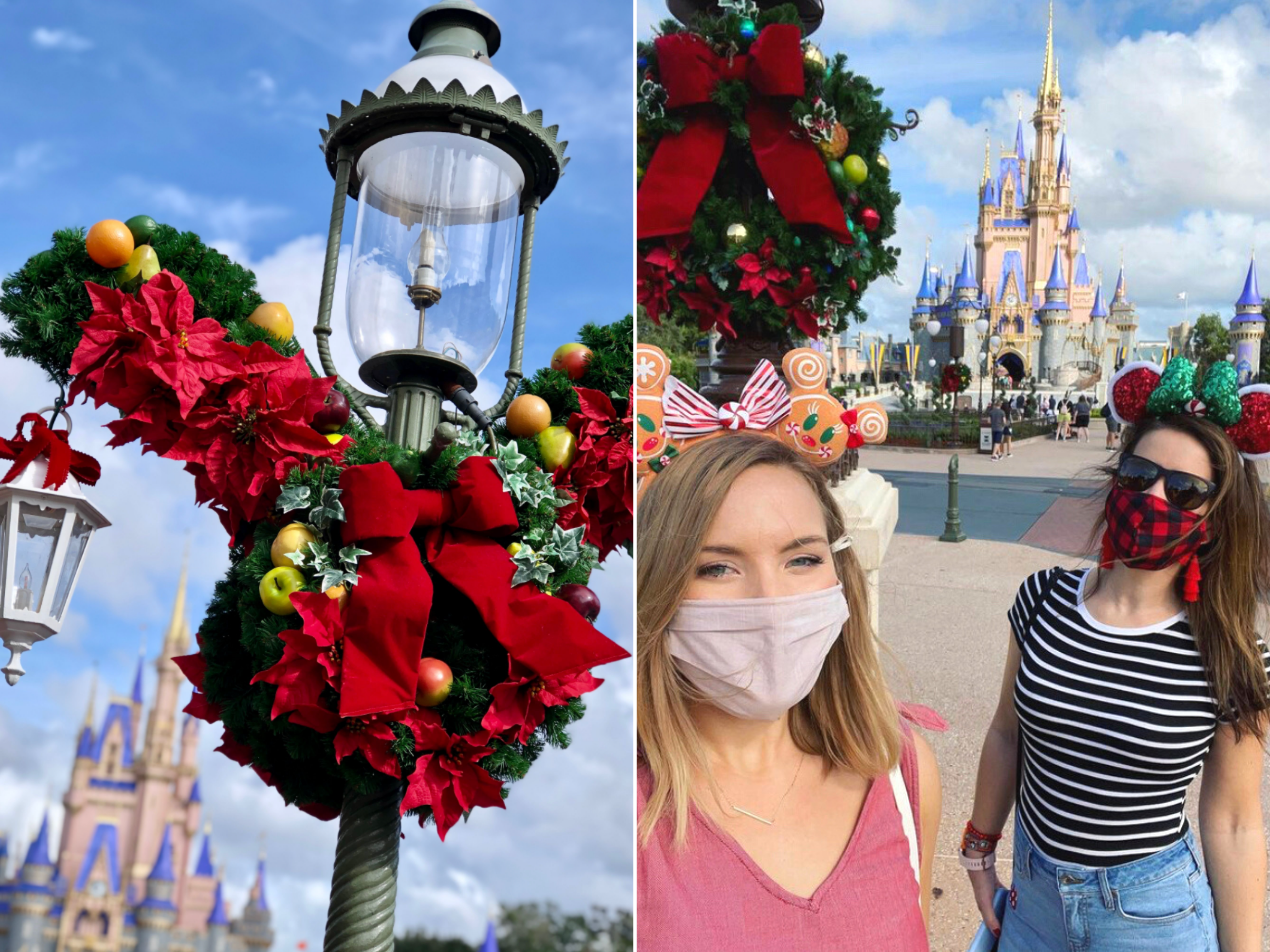 Left: Christmas decor in the shape of the Mickey Mouse at Magic Kingdom Park. Right: Authors, Kelly Nelson (left) and Jenn C. Harmon (right), wear masks and holiday-inspired Minnie Ears in front of Cinderella's Castle at Walt Disney World® Resort.