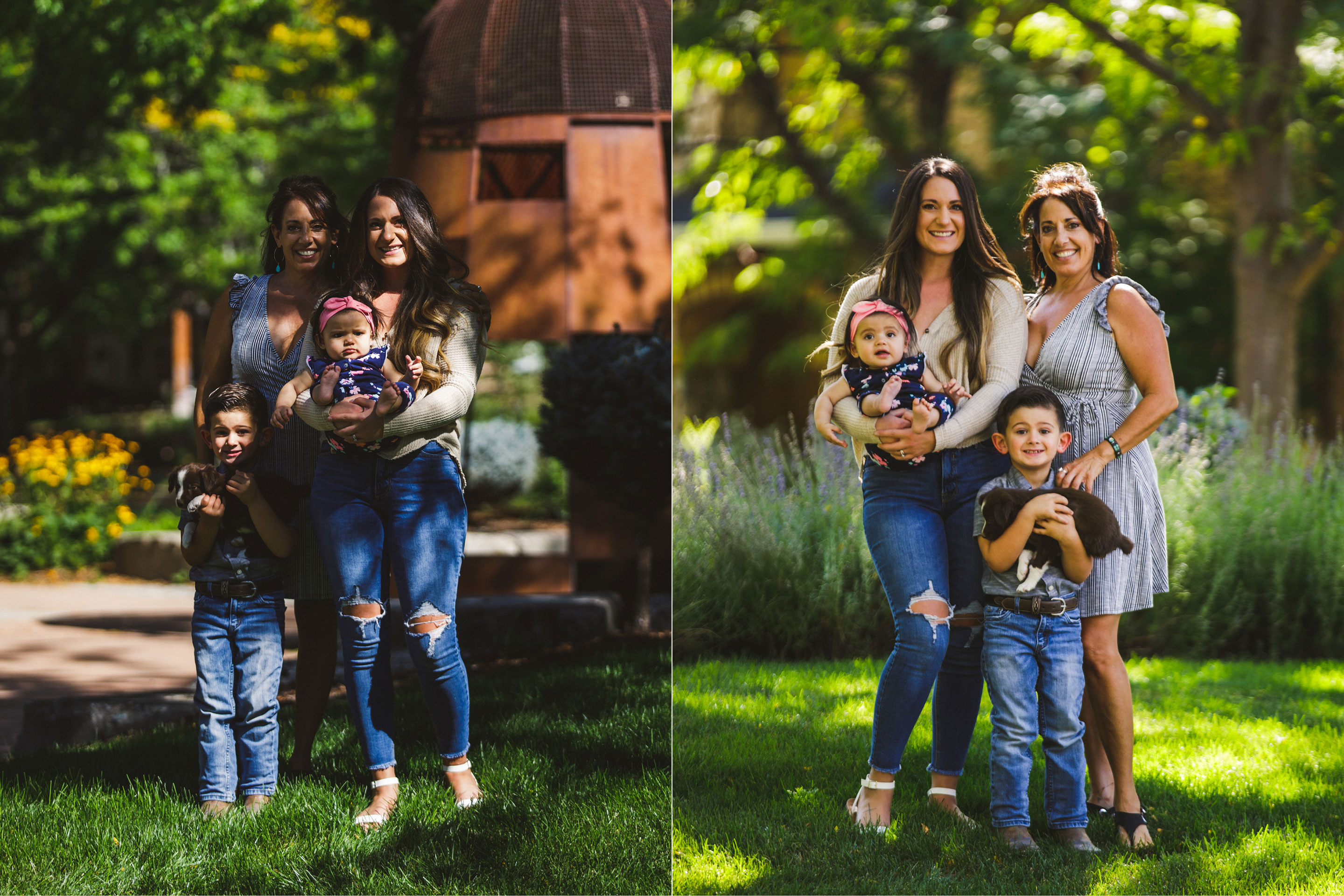 Left: A family stands in an environment that has naturally darker lighting conditions. Right: The same family now stands in a new location with better natural lighting conditions.