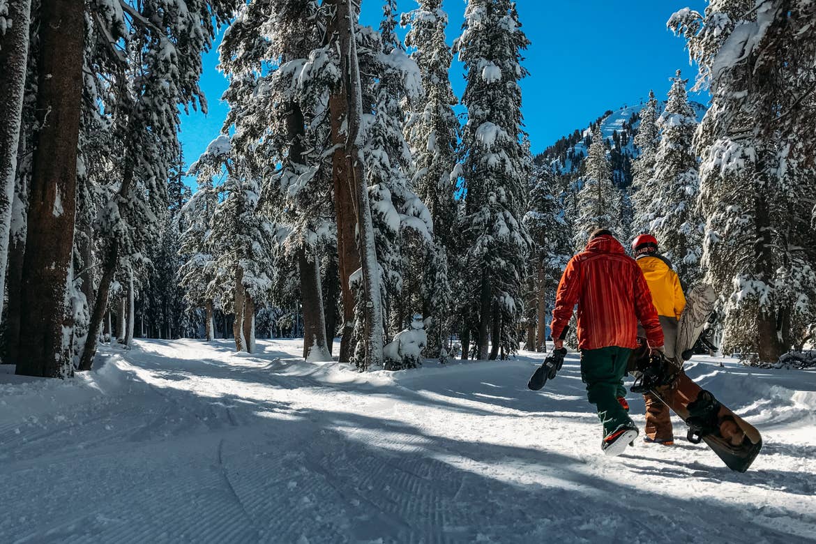 Two men walk a snow-covered trail in a pine tree forest wearing snowboarding gear and carrying snowboards.