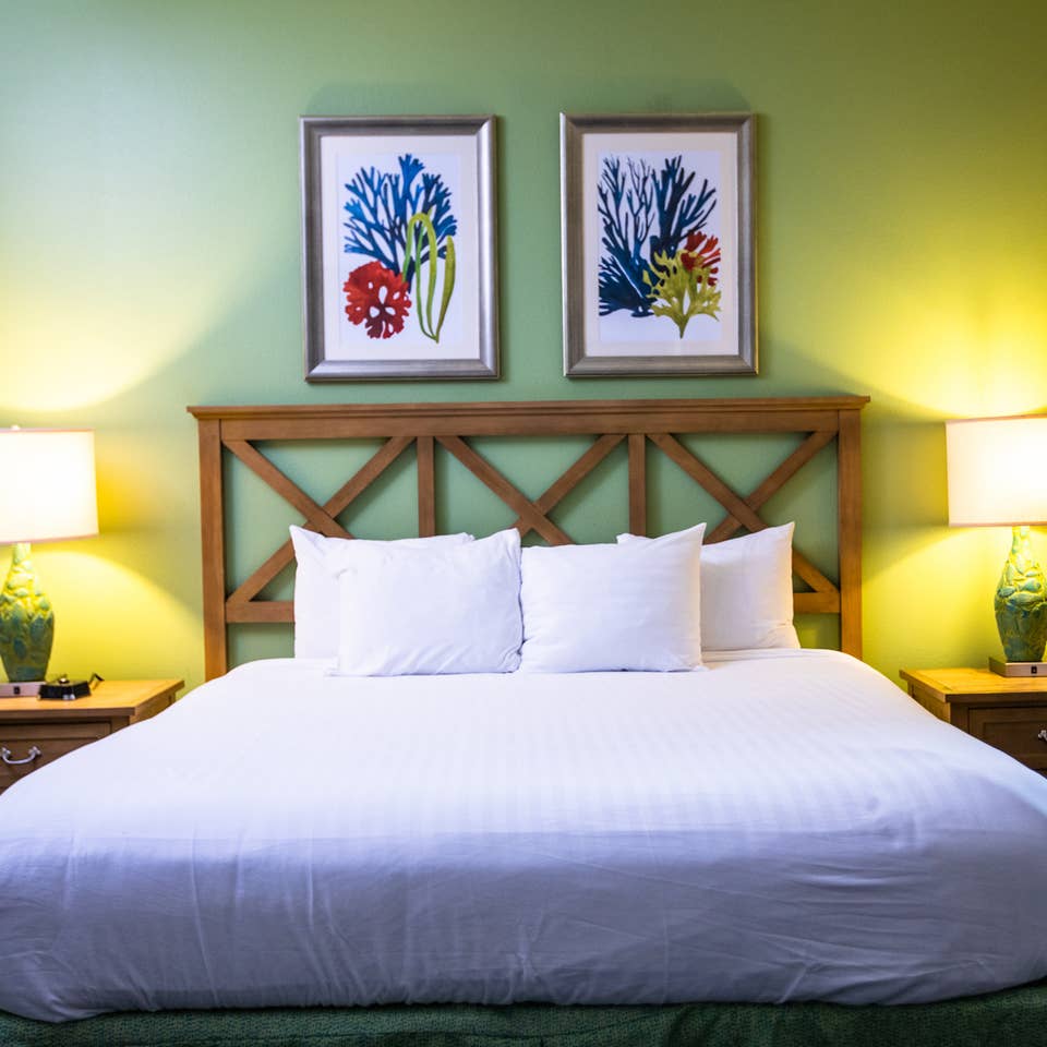 Bed in a two-bedroom villa at South Beach Resort in Myrtle Beach, South Carolina.