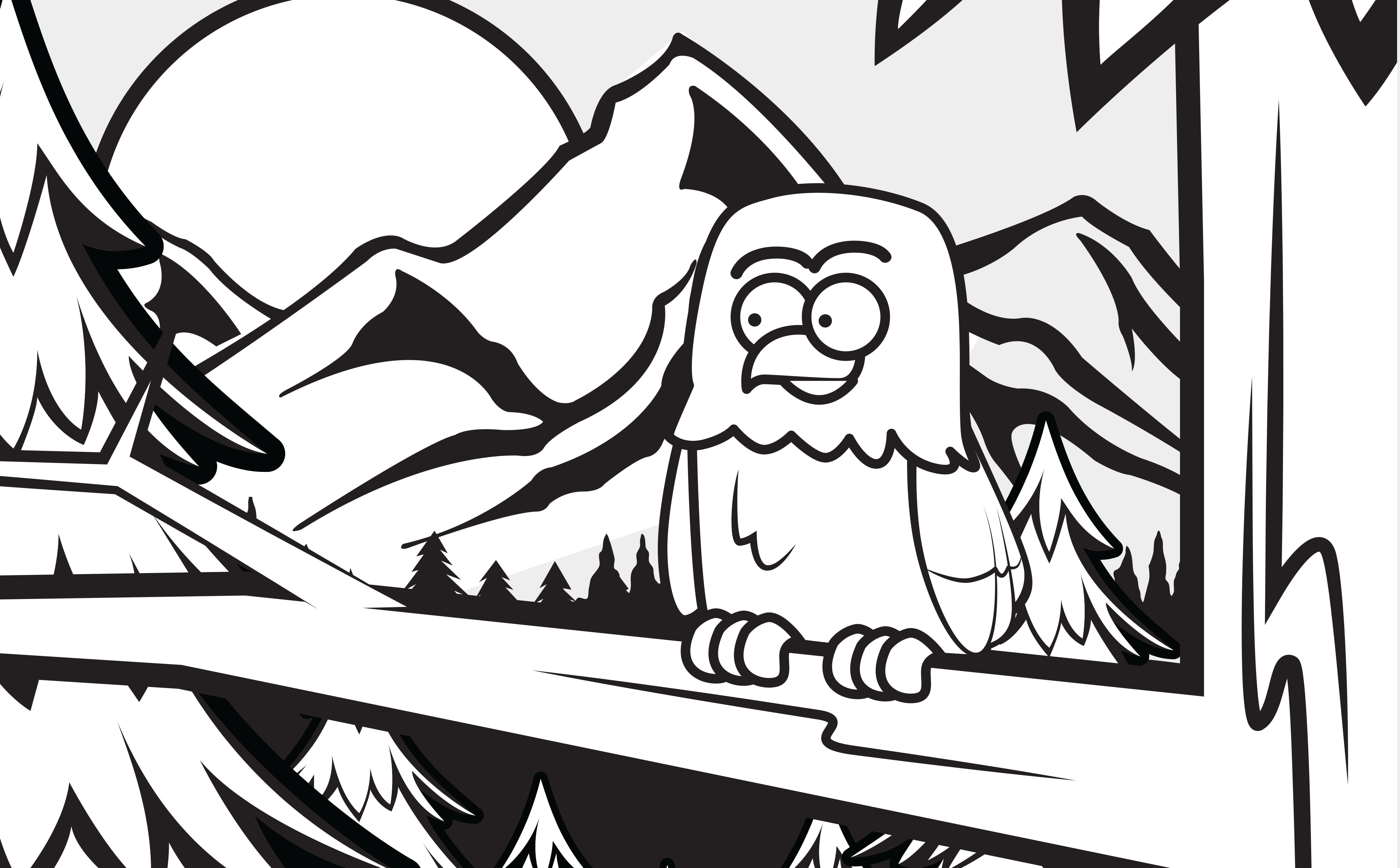 Owl sitting on a branch in the mountains coloring sheet