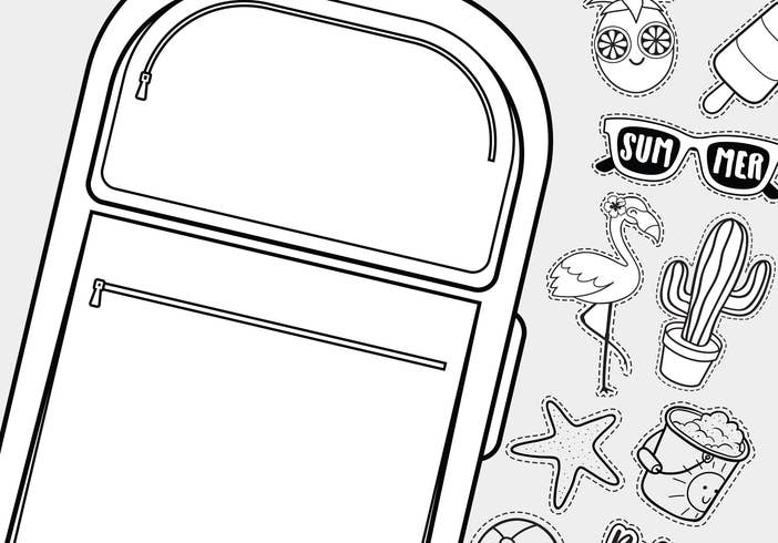 A coloring sheet featuring a large piece of luggage with summer items scattered around it