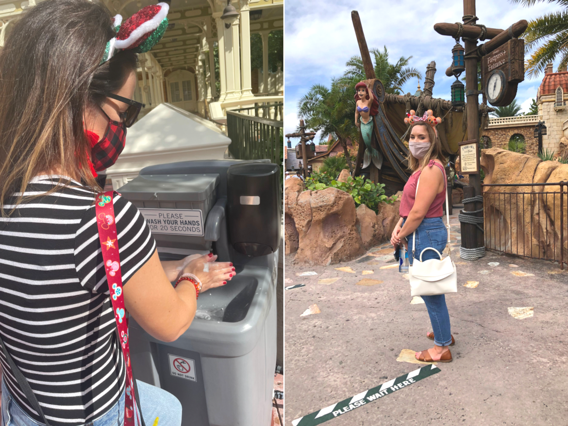 Left: Jenn C. Harmon washes her hands at a sanitation station at Magic Kingdom Park. Right: Kelly Nelson stands on a social distancing decal in a queue at Walt Disney World® Resort.