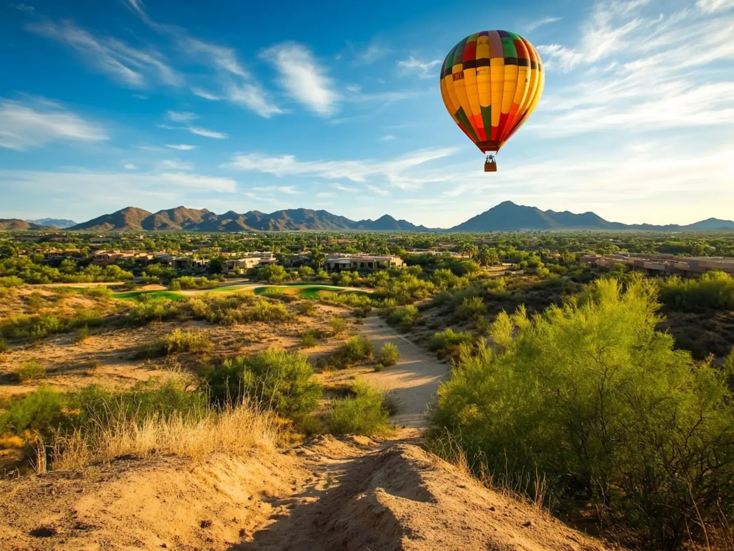 A hot air balloon floating over the Sonoran Desert Scottsdale AZ resort