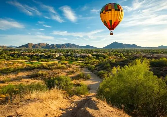 A hot air ballon floating over the Sonoran Desert.