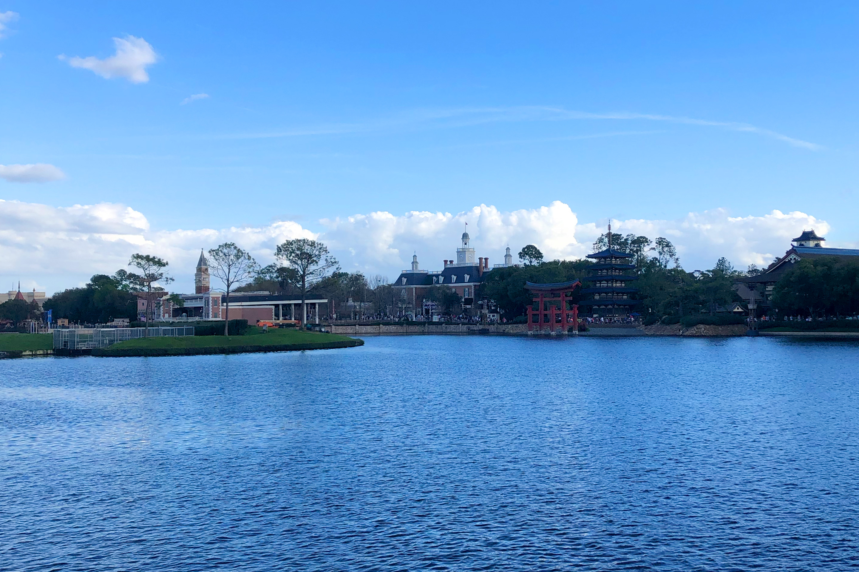 A view of the Japan (right), America (middle), and Italy (left) pavilions in EPCOT World Showcase at Walt Disney World Resort.