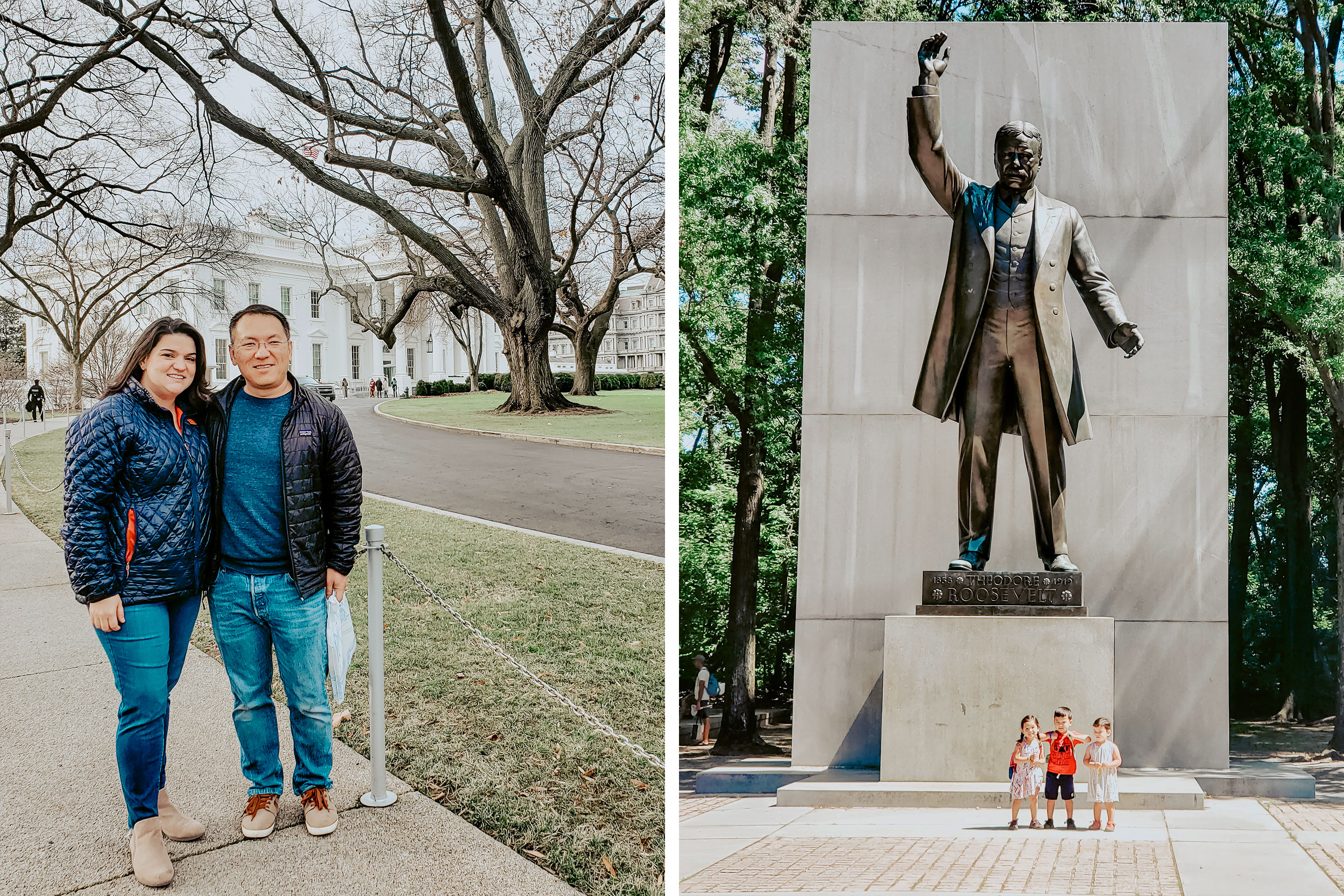 Left: A man and woman wearing jackets and jeans stand near the East Wing of the White House in Washington D.C.. Right: three toddlers stand under a scaled statue of President Theodore Roosevelt.