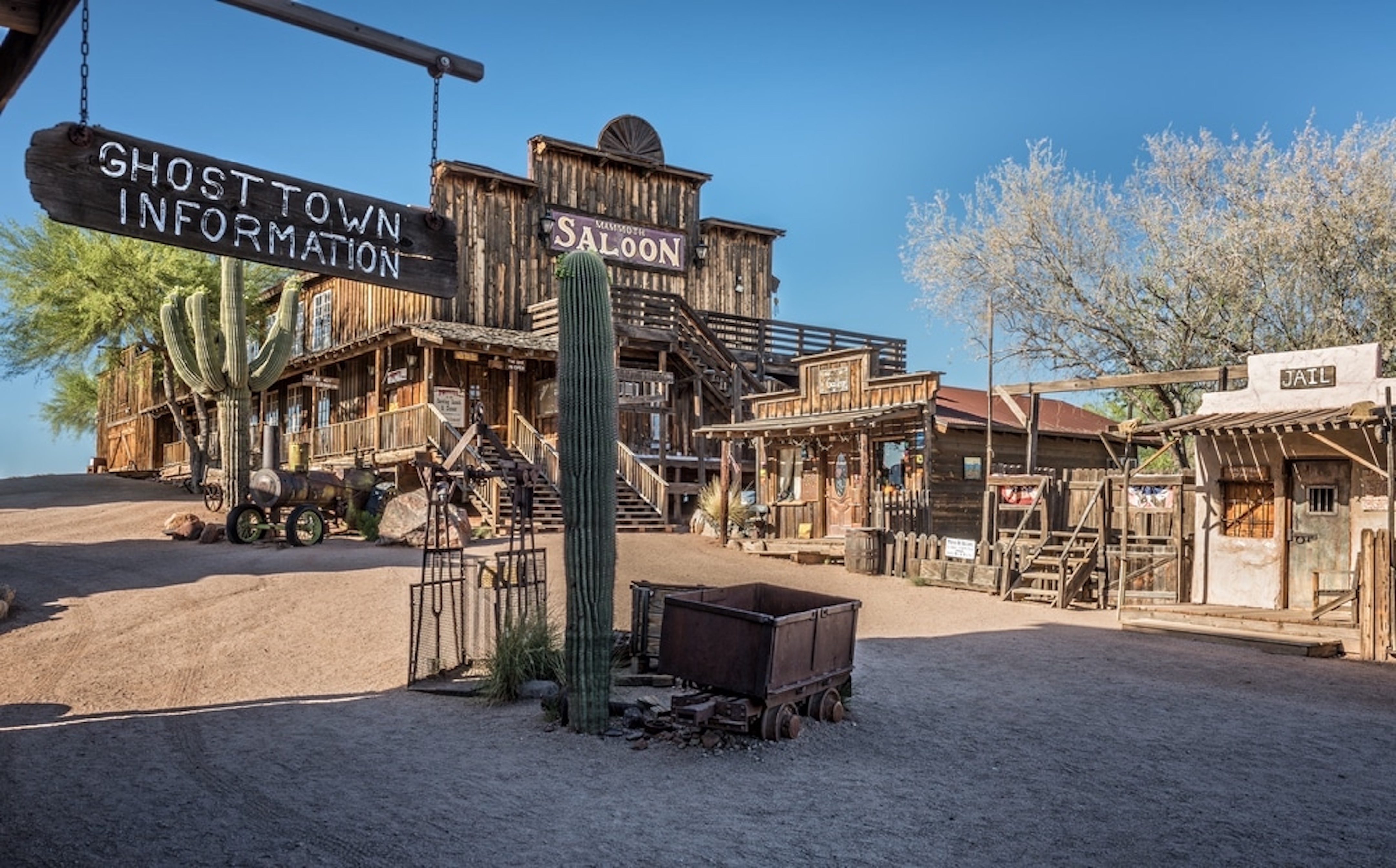 A view of a cactus and miscellaneous old-western items with a saloon and shops in the background in Goldfield, Arizona.
