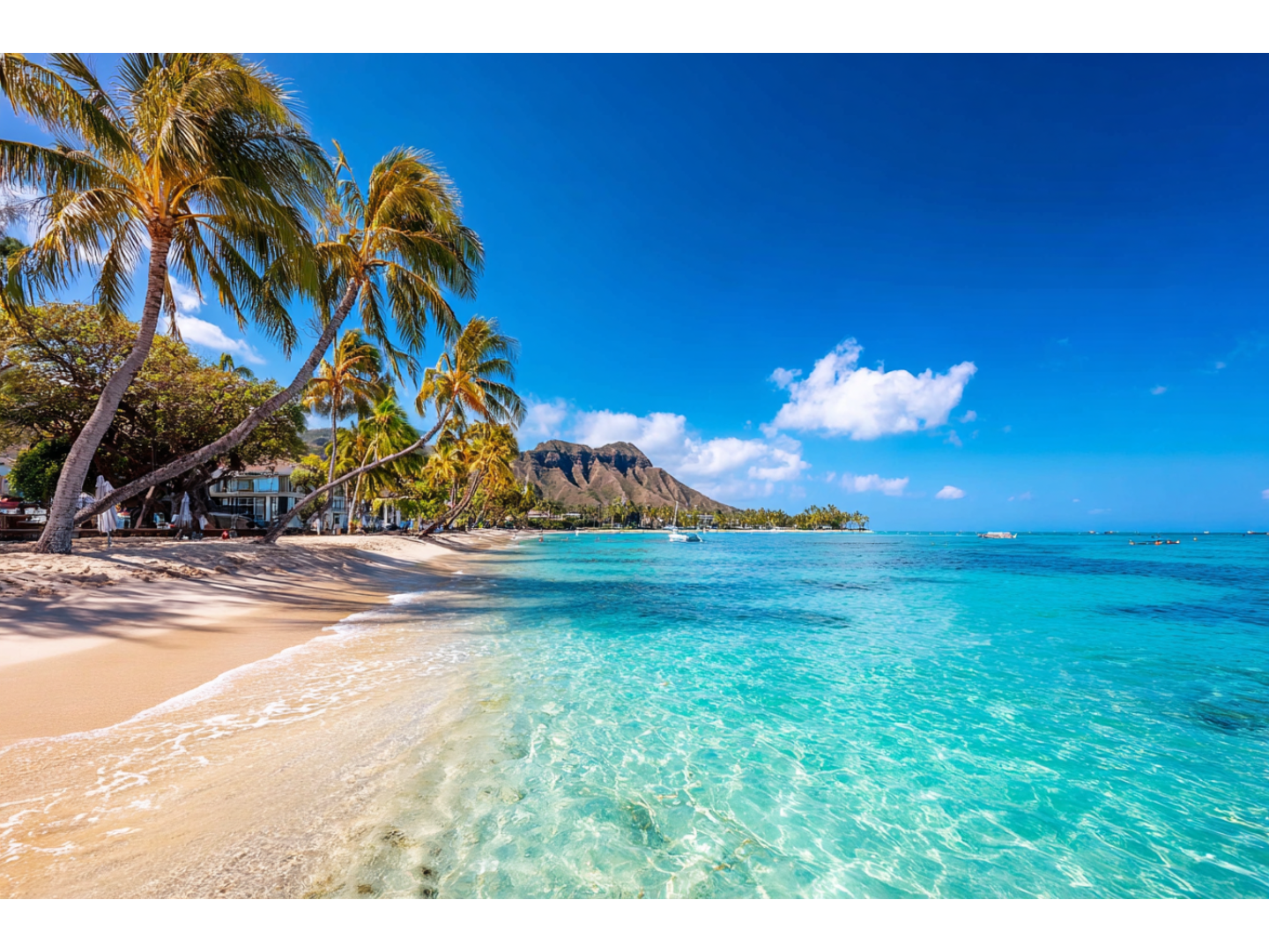 Tropical beach with palm trees, turquoise water, and mountains in background.
