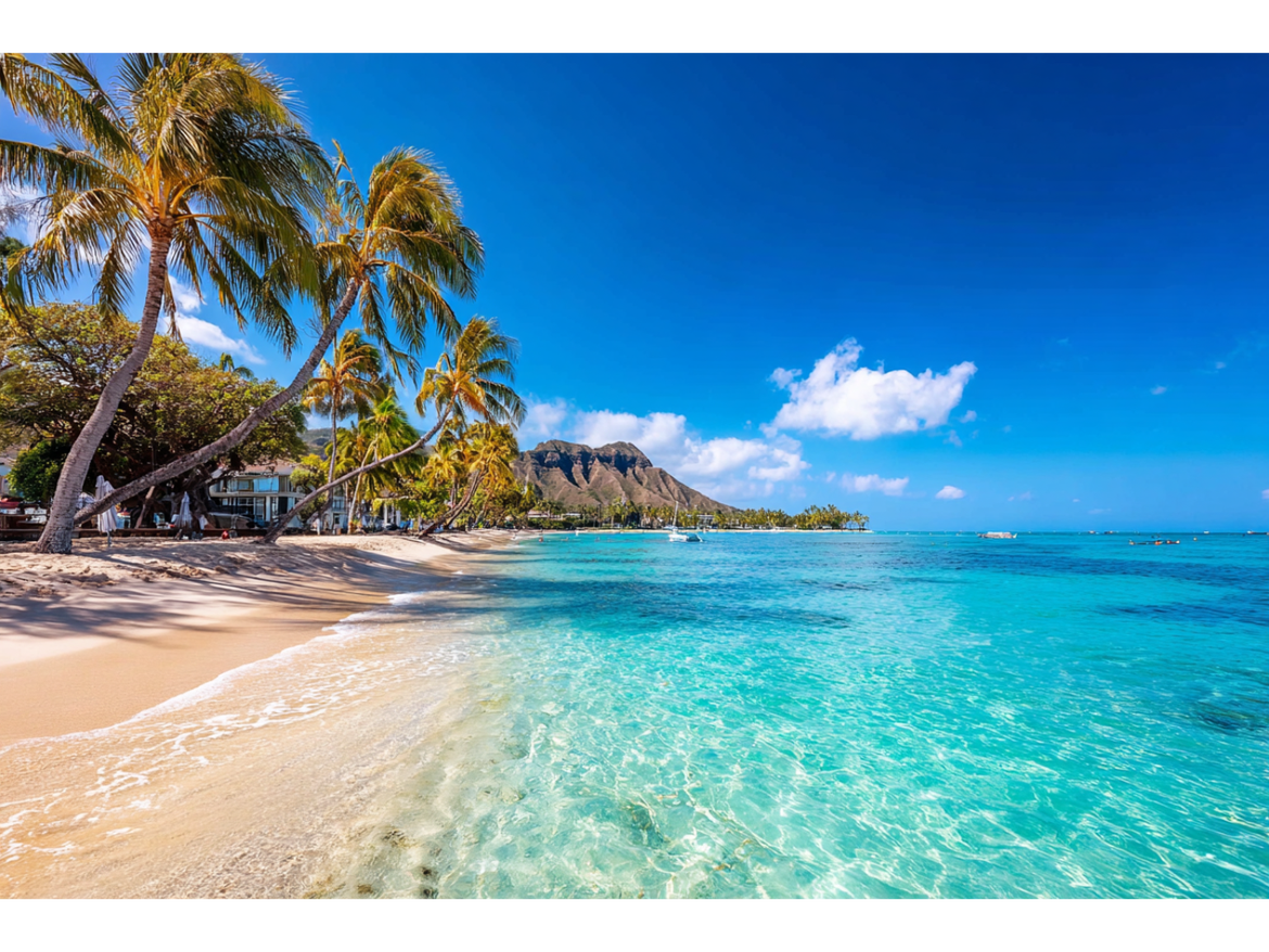 Tropical beach with palm trees, turquoise water, and mountains in background.
