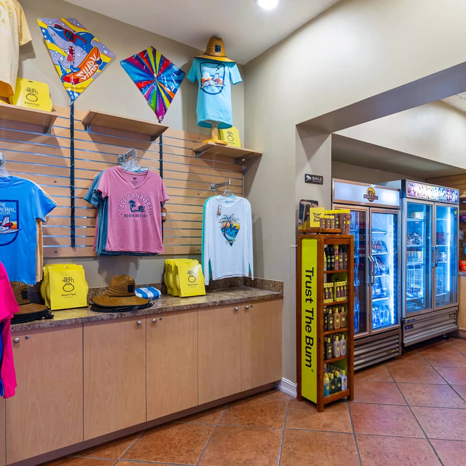 Marketplace with souvenirs at Cape Canaveral Beach Resort in Florida.