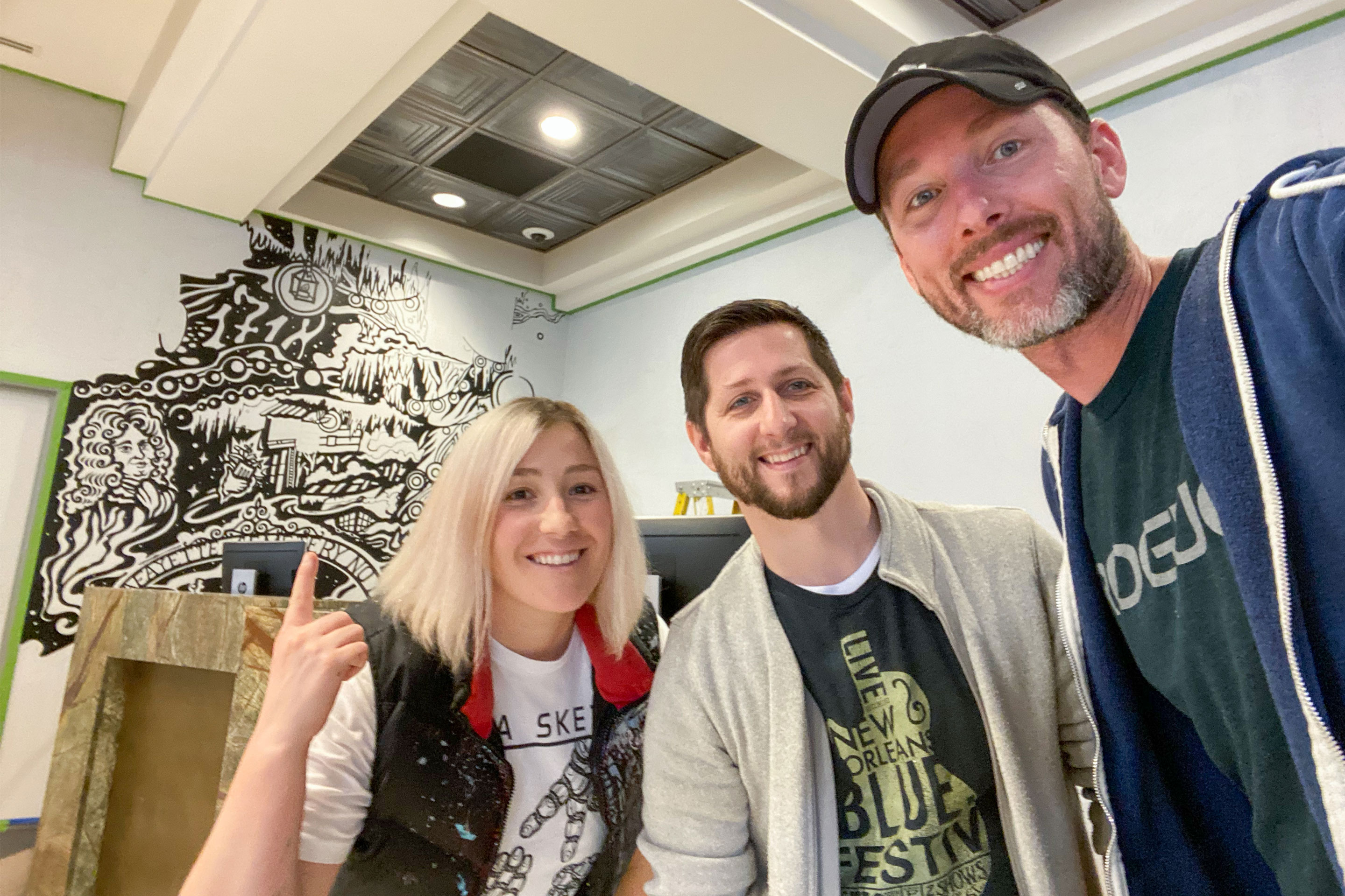 Co-authors, Ben Henderson (right) and Andrew Burns (middle) stand with Mila Sketch in front of her mural at our resort in New Orleans, Louisiana.