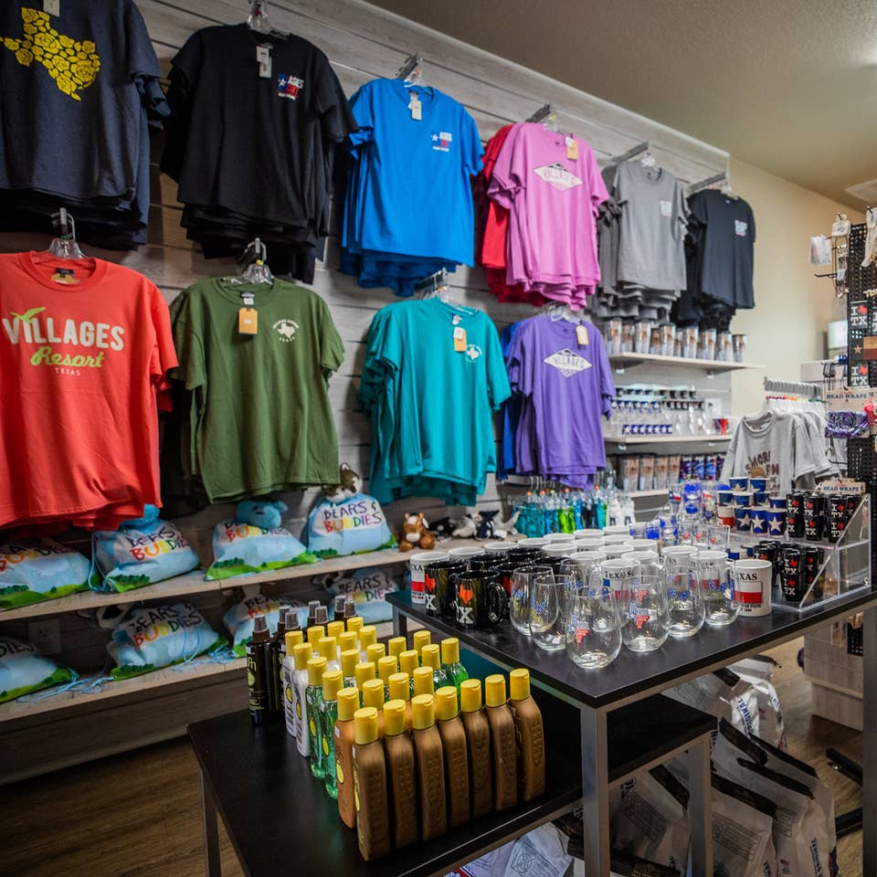 Marketplace with t-shirts, sunblock and souvenirs at Villages Resort in Flint, Texas.