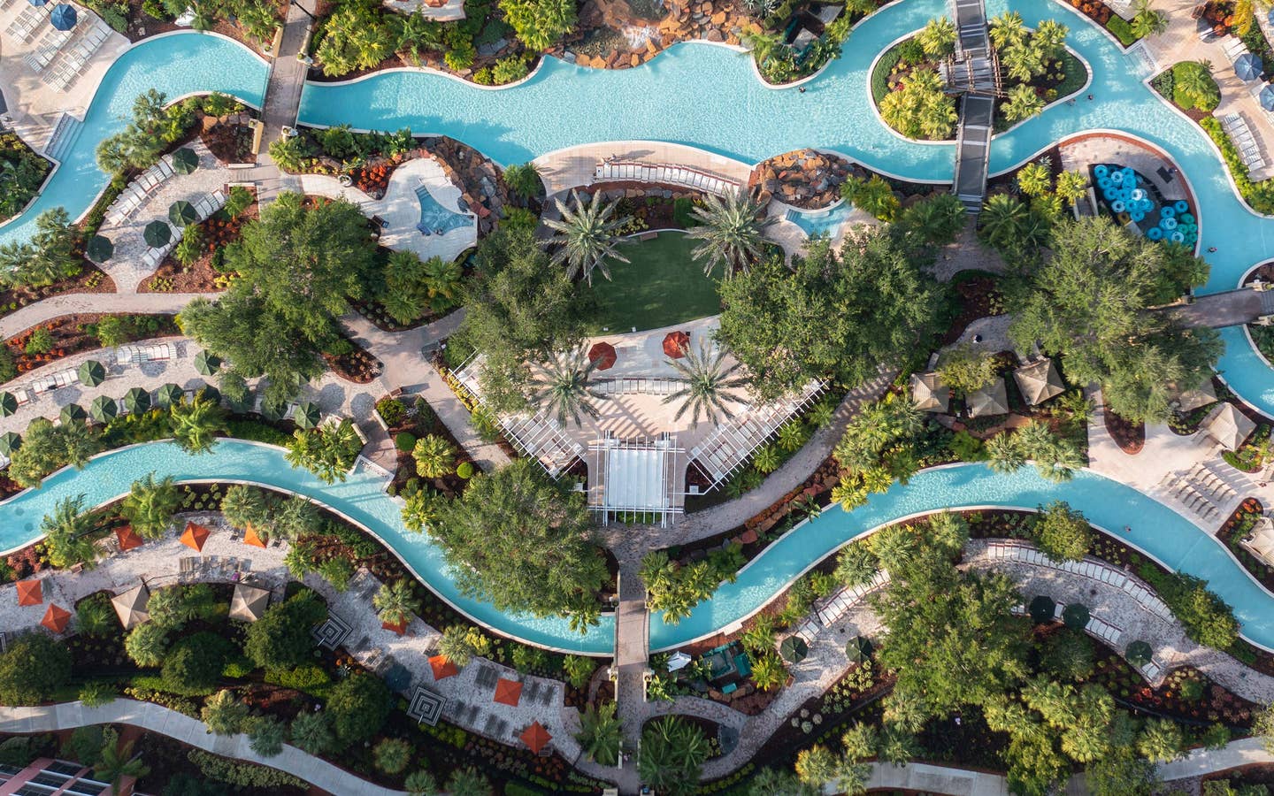 Aerial view of lazy river in River Island Village at Orange Lake Resort near Orlando, Florida.