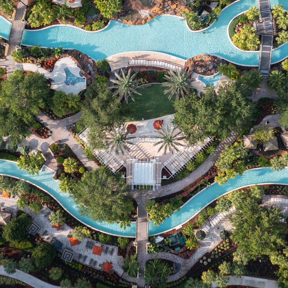 Aerial view of lazy river in River Island Village at Orange Lake Resort near Orlando, Florida.