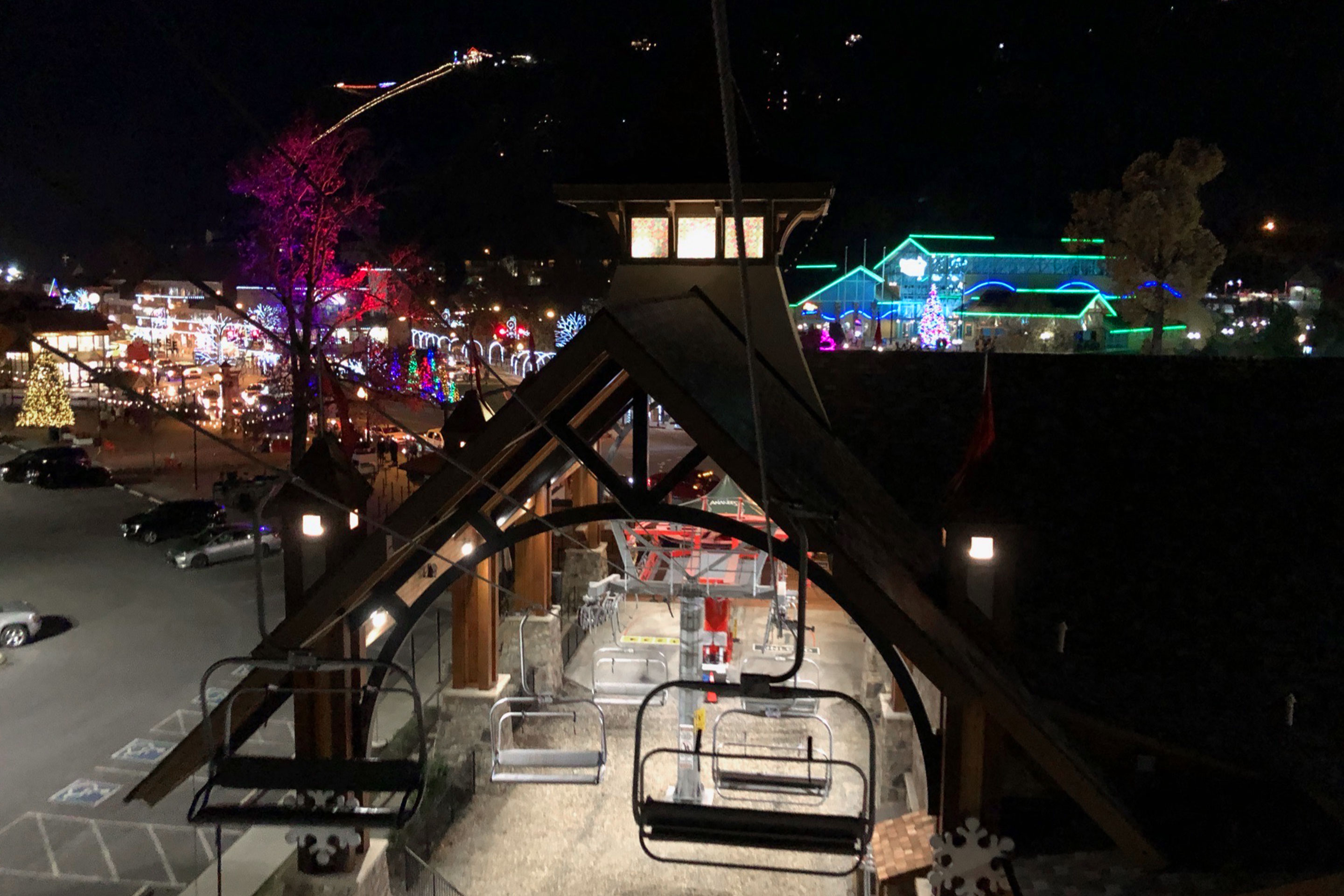 Anakeesta's property all lit up for Christmas with thousands of lights seen from the chair lift.