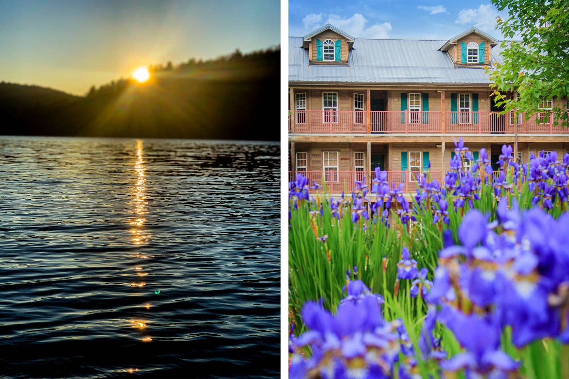 Left: The Benedict Pond Loop Trail as the sun begins to set and reflect upon the water. Right: Exterior shot of our Oak n' Spruce Resort villas.