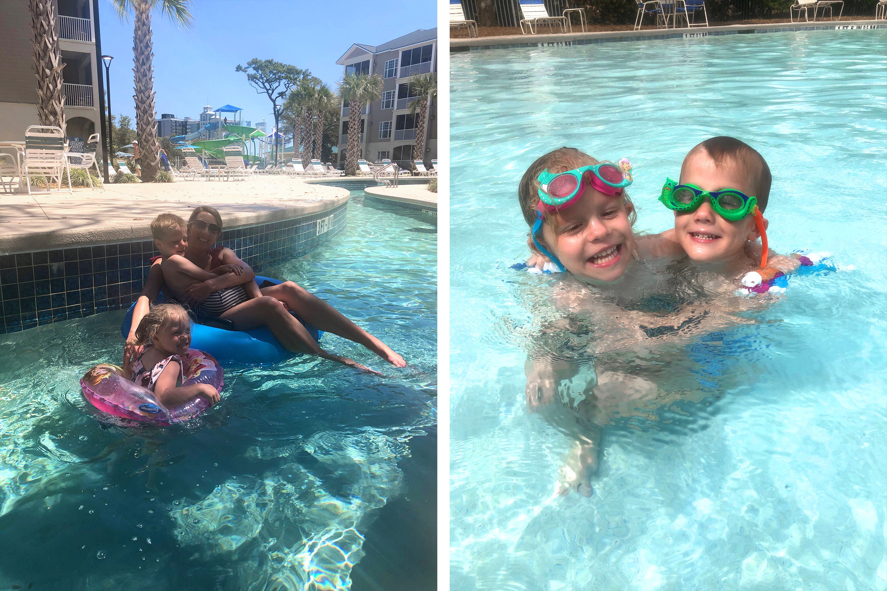 Left: Brianna and her children float along the Lazy River at our South Beach Resort located in Myrtle Beach, SC. Right: Brianna's children take a swim in their swimming goggles at our pool at South Beach Resort located in Myrtle Beach, SC.