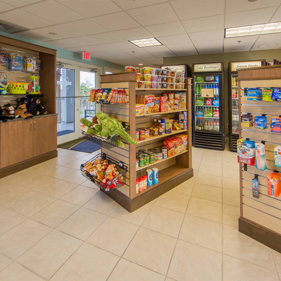 Marketplace with snacks and stuffed animals at Galveston Beach Resort.