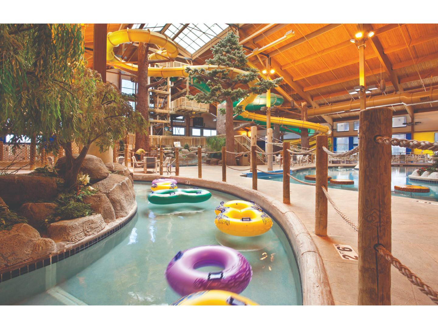 View of Lake Geneva resort water park, Moose Mountain Falls, with slides and a lazy river.