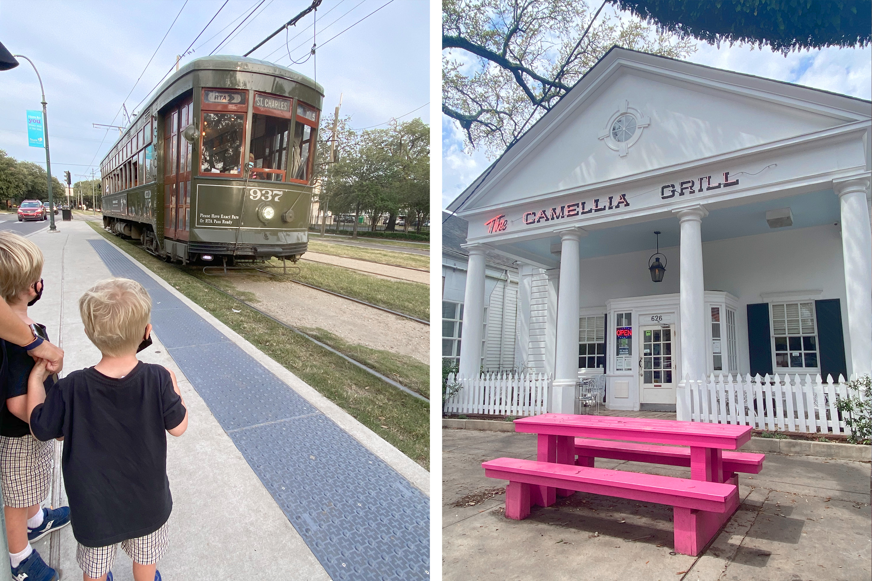 Left: Two young boys wear black masks as a Streetcar approaches to board. Right: The exterior of Camelia Grill with a pink picnic table.