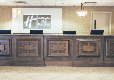 Front desk and reception in lobby of West Village at Orange Lake Resort near Orlando, Florida.