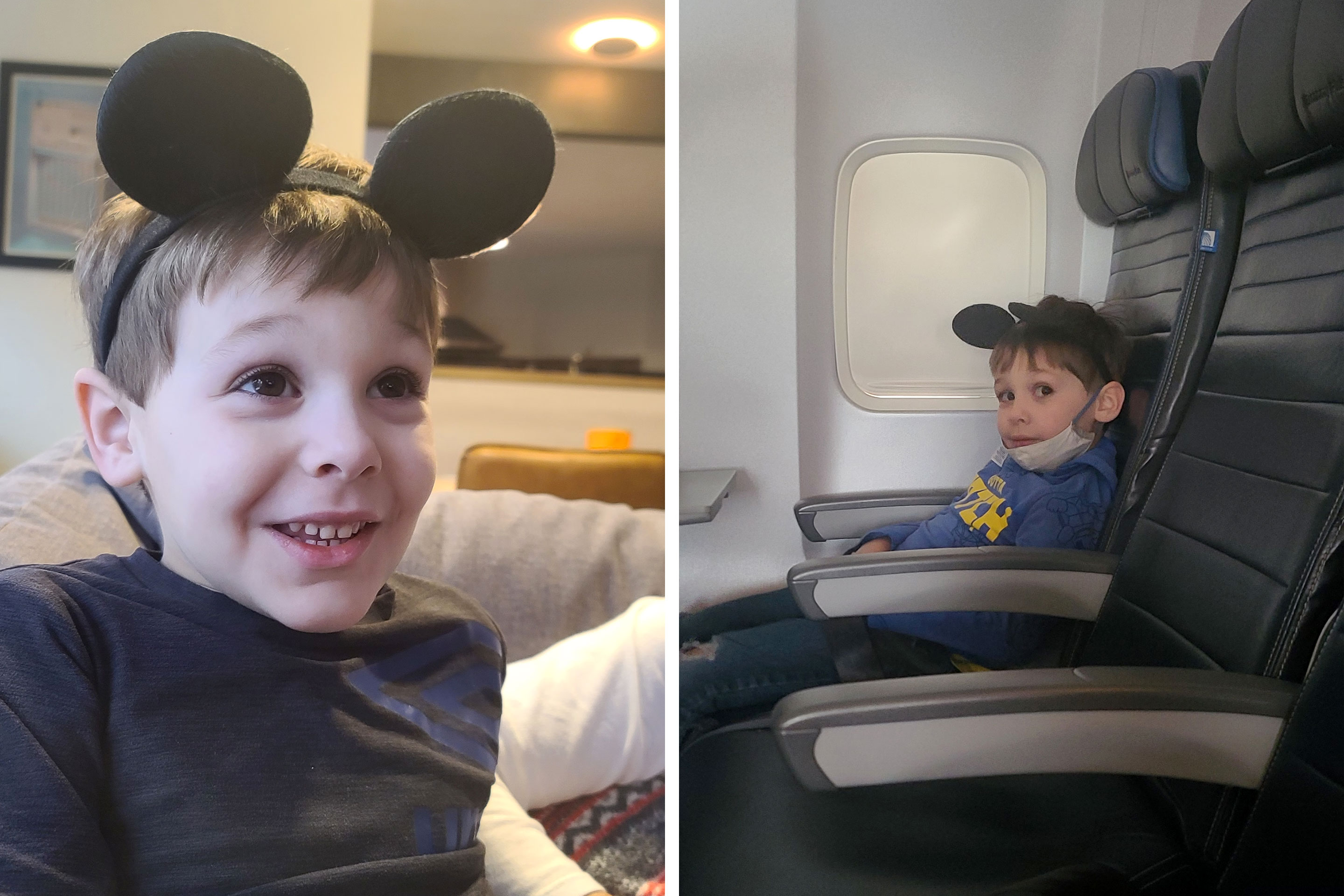 Left: A boy wears a black shirt and mouse ears indoors. Right: A young boy wears mouse ears, a safety mask and blue hoodie on an airplane seat.
