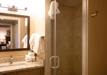 Bathroom with walk-in shower in a villa in East Village at Orange Lake Resort near Orlando, Florida