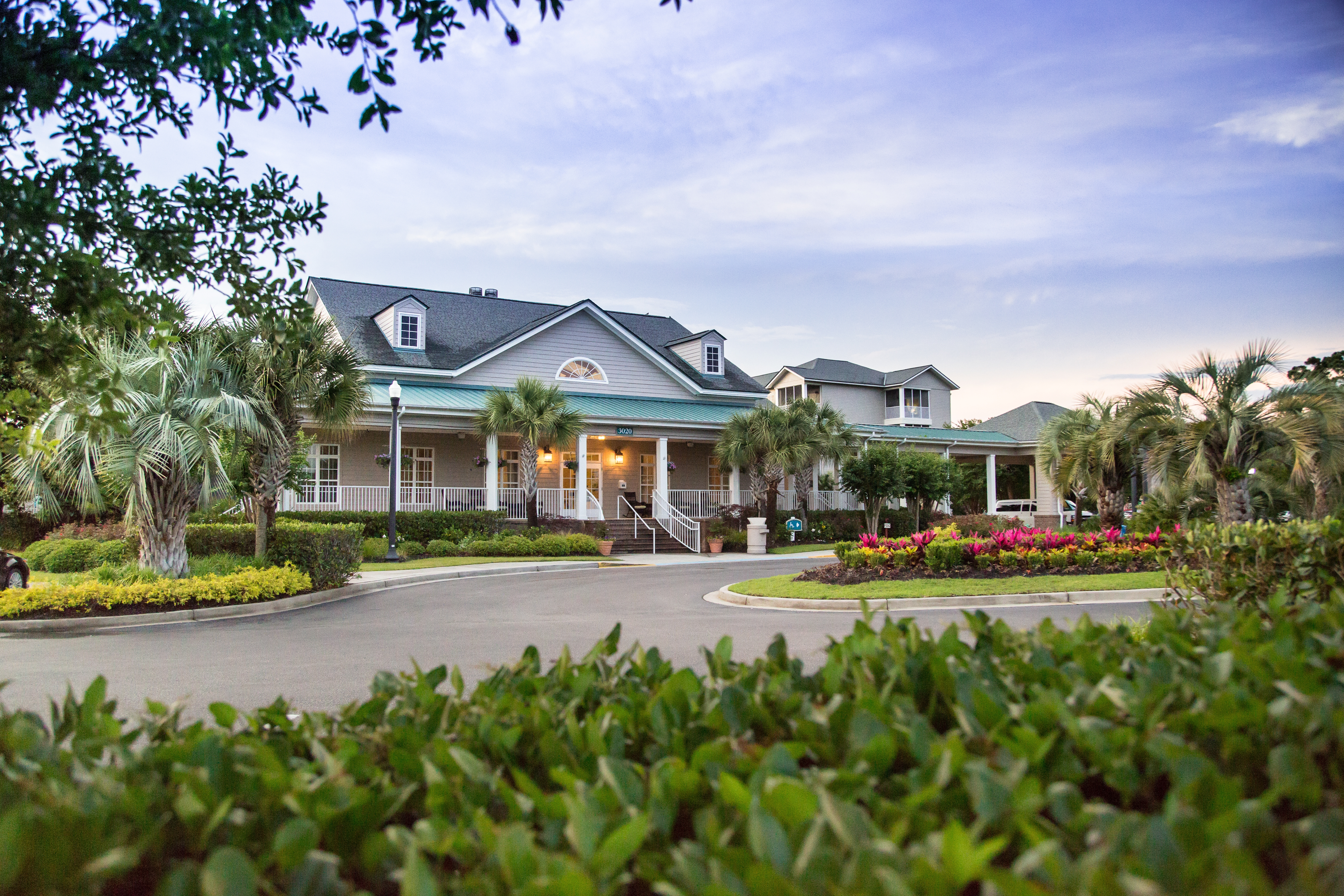 Exterior view of the check-in area at South Beach Resort in Myrtle Beach, South Carolina.