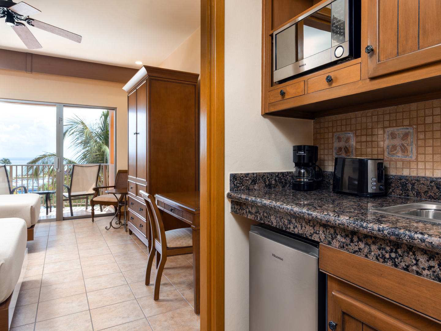 Kitchenette with ocean views for effortless beachfront stays.