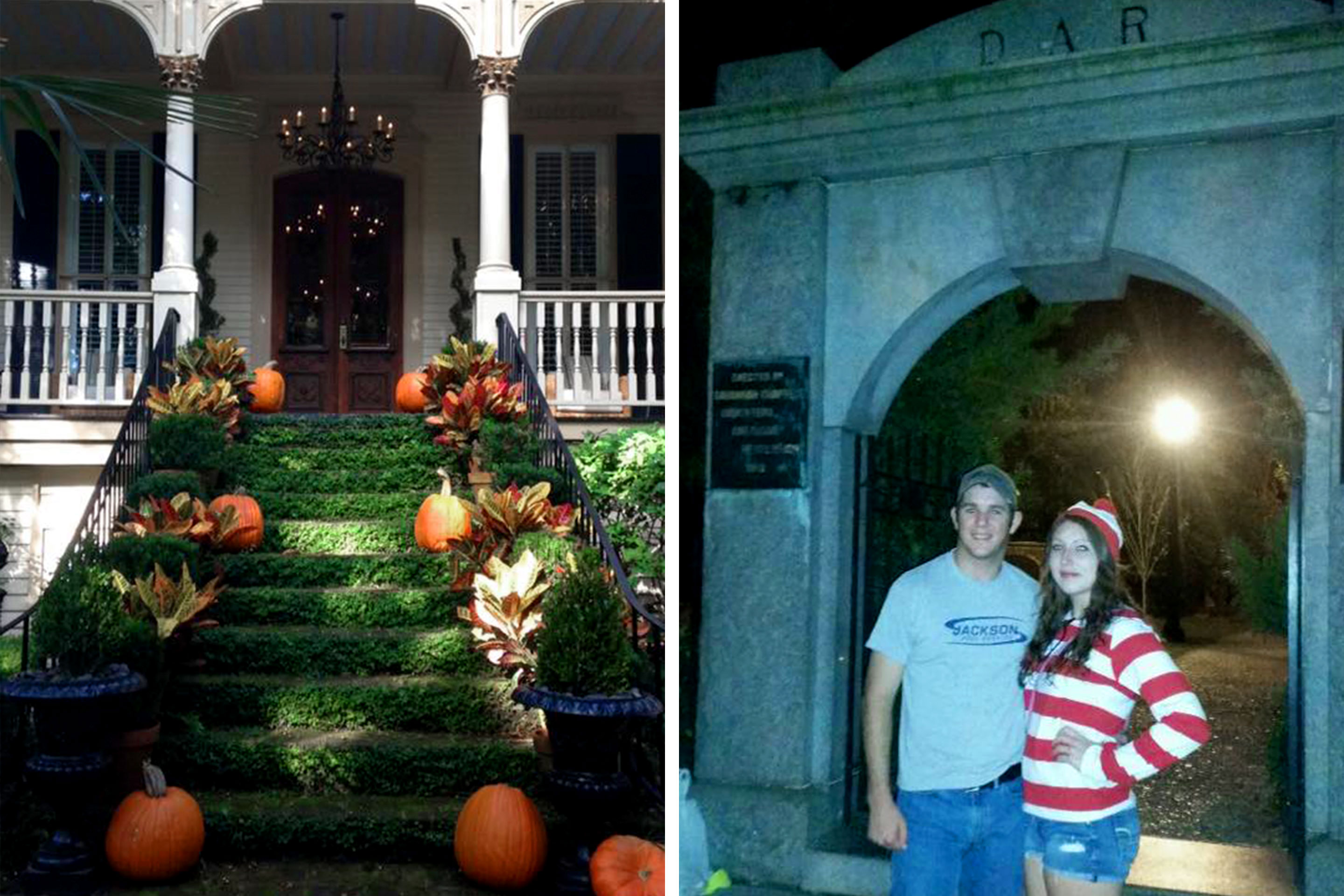 Left: A porch stairway lined with pumpkins in Historic Savannah, Georgia. Right: A couple in costume stand near a mausoleum.