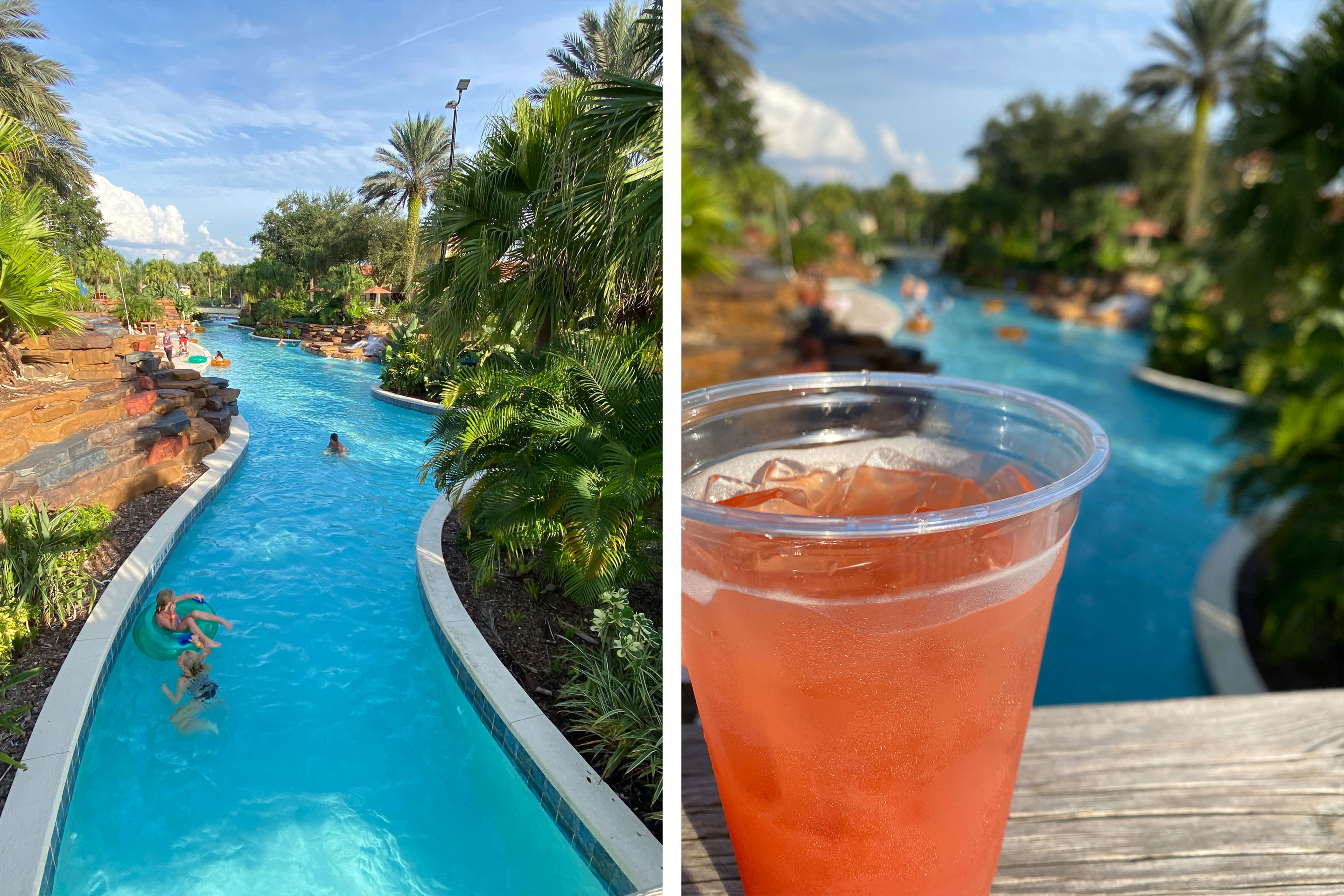 Left: Guests swim in the River Island pool at our Orange Lake resort in Orlando, Florida. Right: A pink alcoholic beverage sits on a bridge above the River Island pool at our Orange Lake resort in Orlando, Florida.