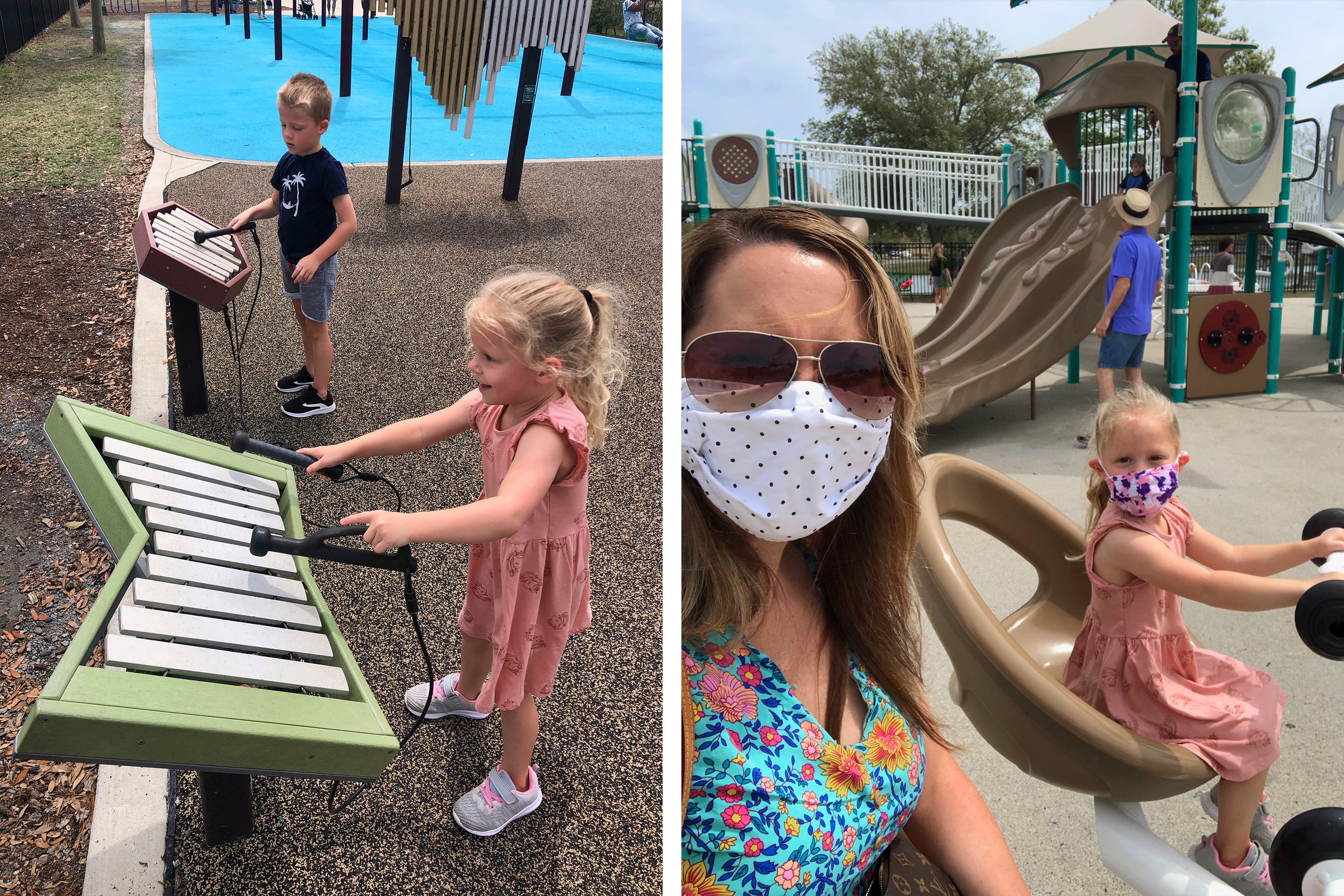 Left: Brianna's children play outdoor instrumental xylophones at Savannah's Playground in Myrtle Beach, SC. Right: Brianna and her daughter wear safety masks on a paired see-saw at Savannah's Playground.
