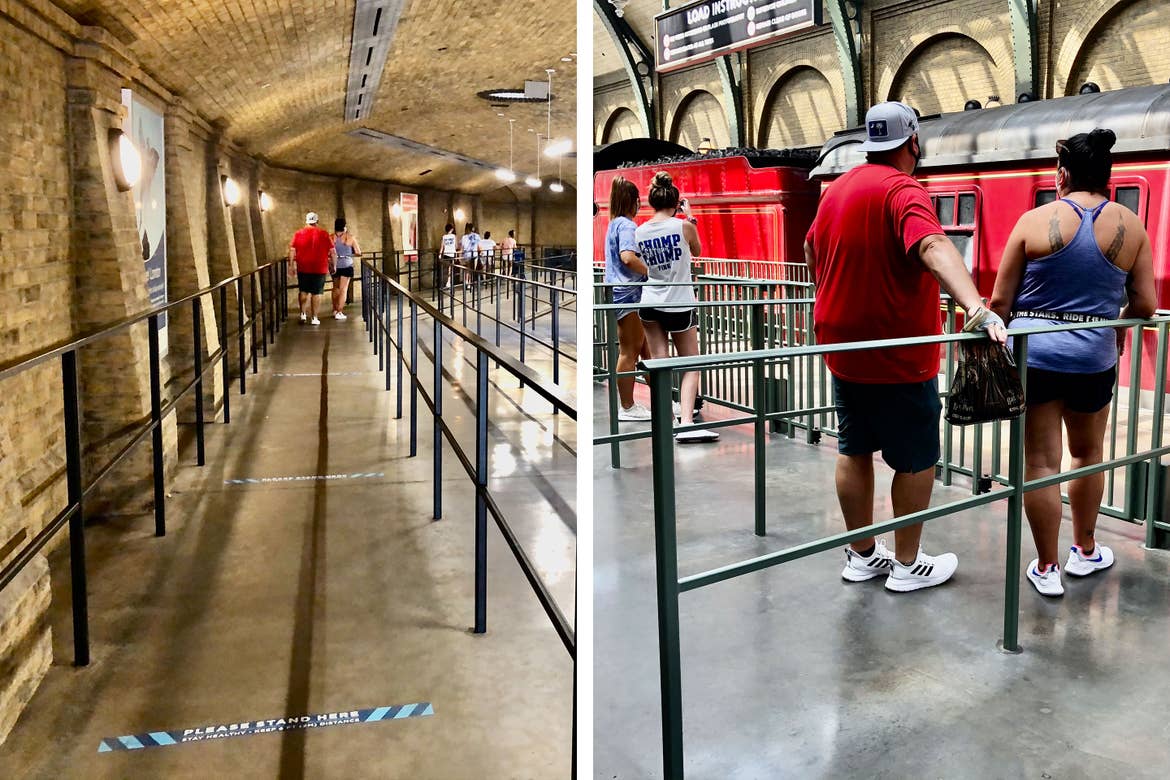 Left: Guests enter the queue for the Hogwarts Express as Safety Tape can be seen enforcing social distance. Right: Guests await on the platform to board while every other corral is empty to maintain social distance.