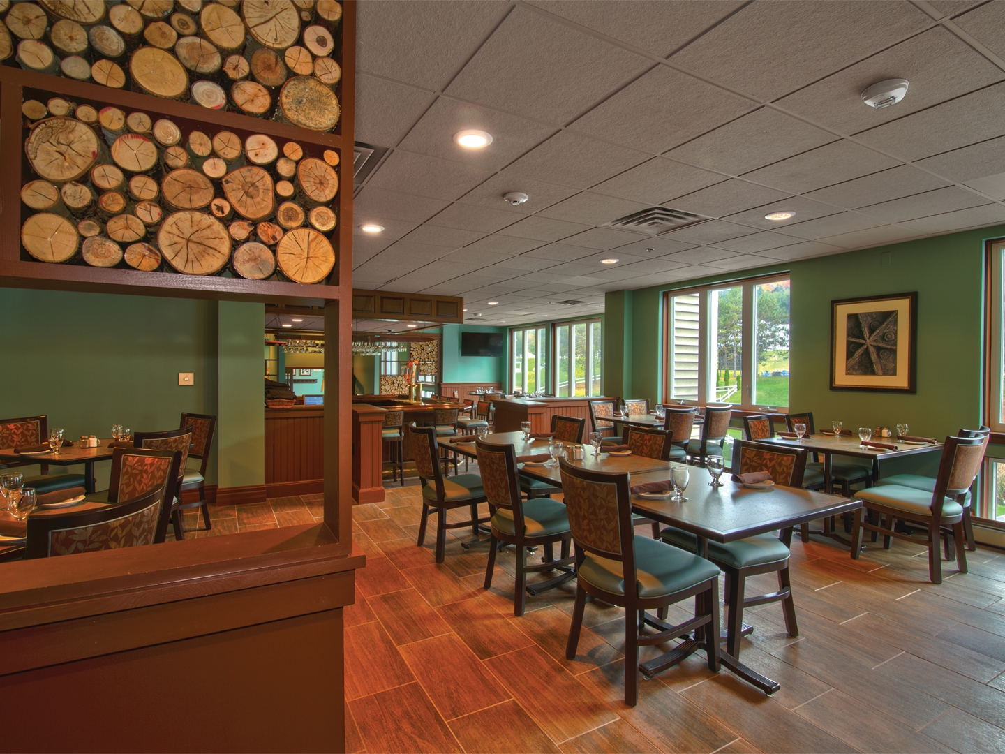 Indoor seating at The Maple Kitchen located at Mount Ascutney Resort in Brownsville, Vermont.