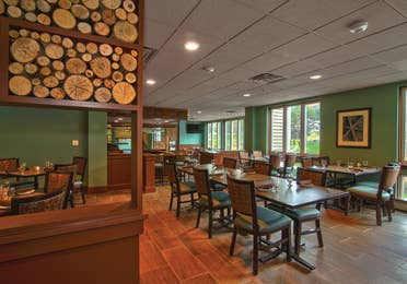 Indoor seating at The Maple Kitchen located at Mount Ascutney Resort in Brownsville, Vermont.