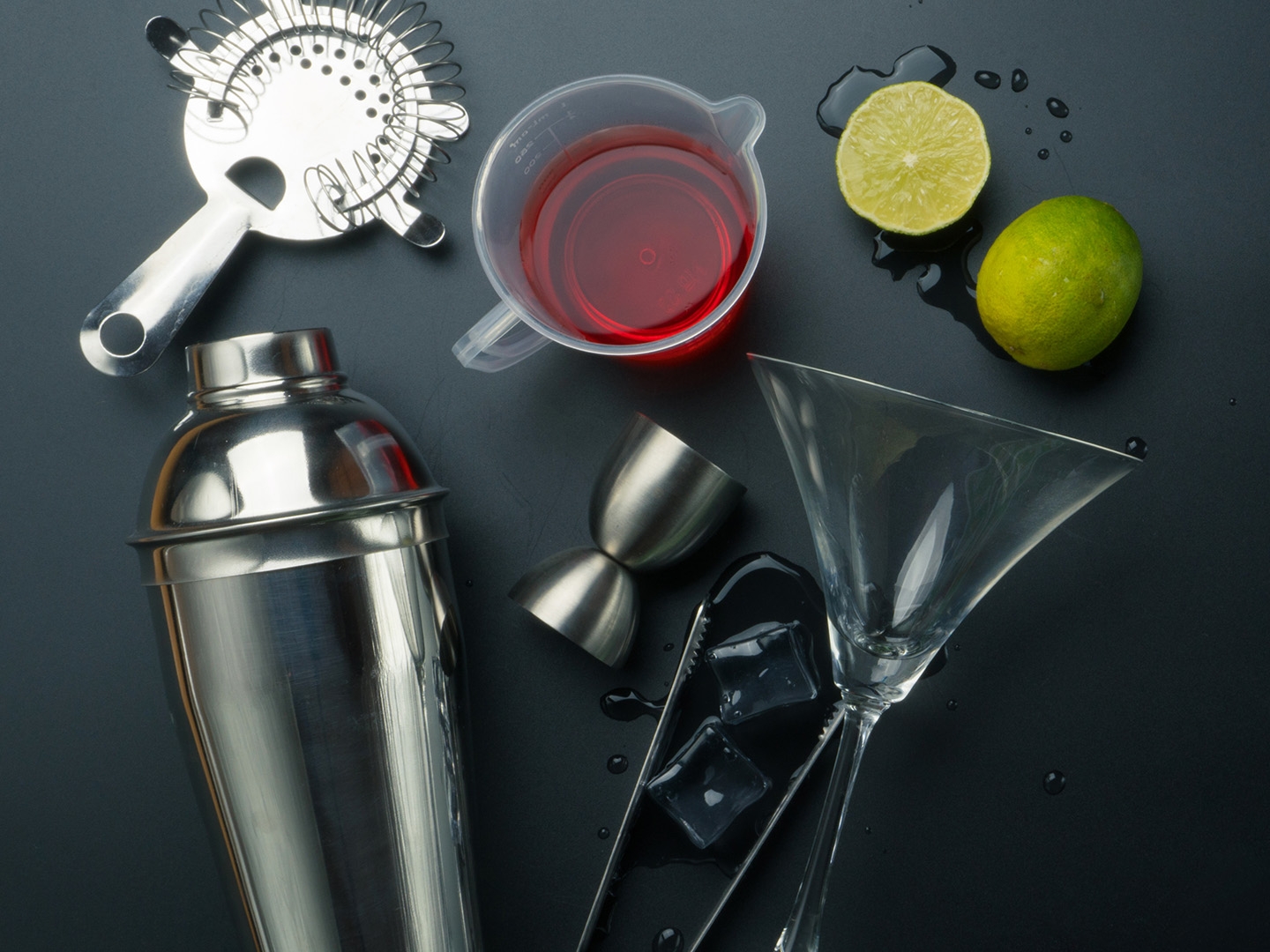 Mixology tools and ingredients.
