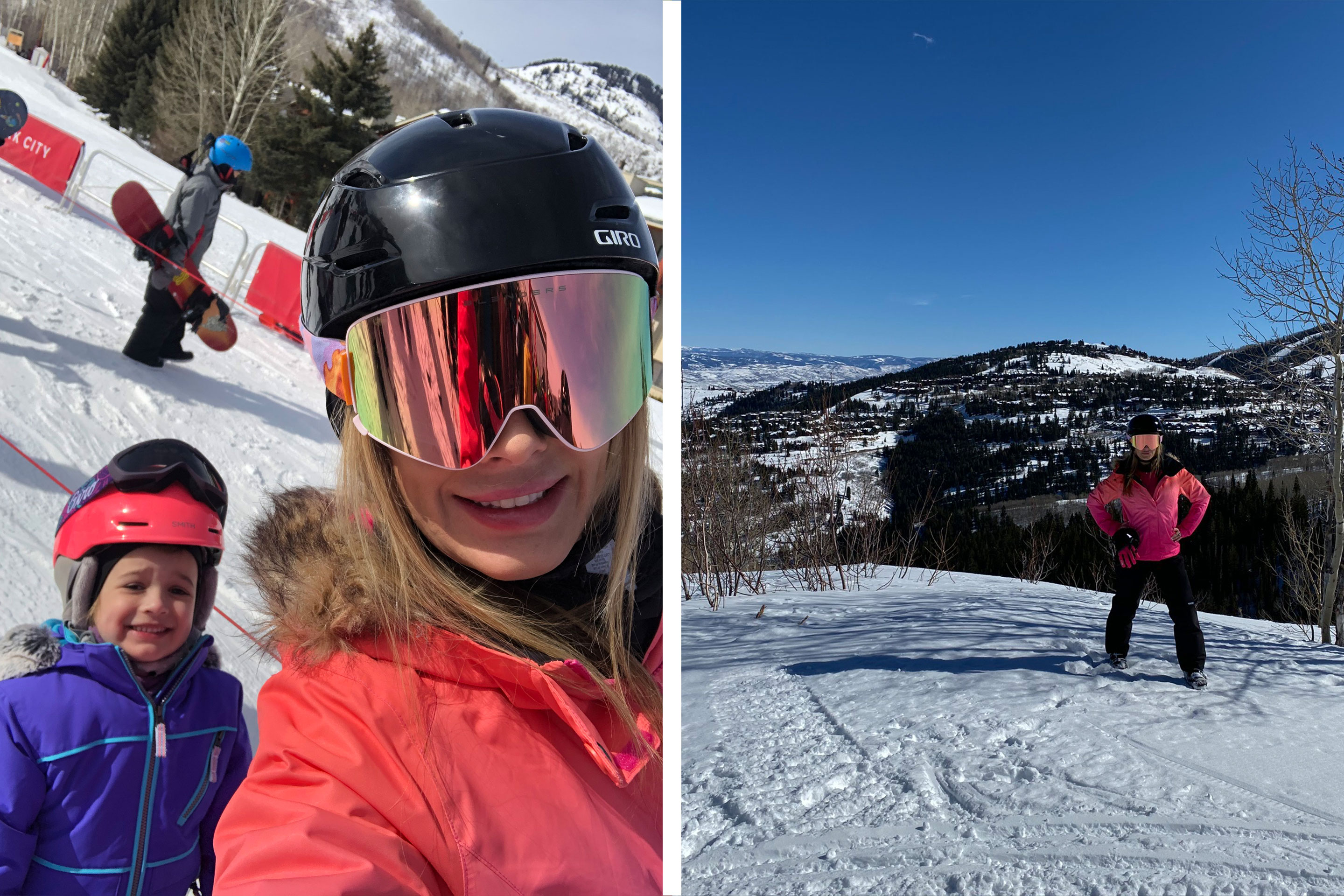 Left: Co-author, Jessica (right), wears a pink parka and black ski helmet with goggles while posing with her daughter (left) on a ski trip. Right: Co-author, Jessica, wears a pink parka and black ski helmet with goggles while posing in front of snowcapped mountains during a ski trip.