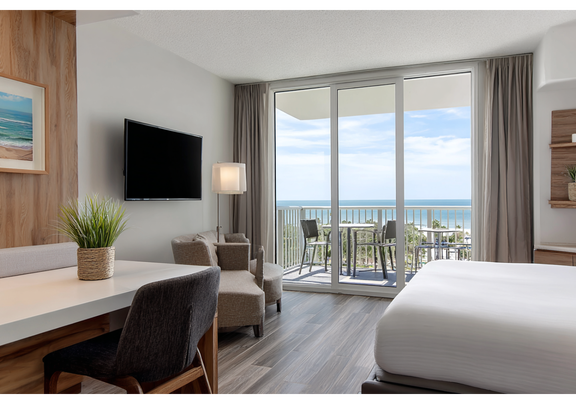 Modern hotel room with a private balcony offering a stunning view of the ocean.
