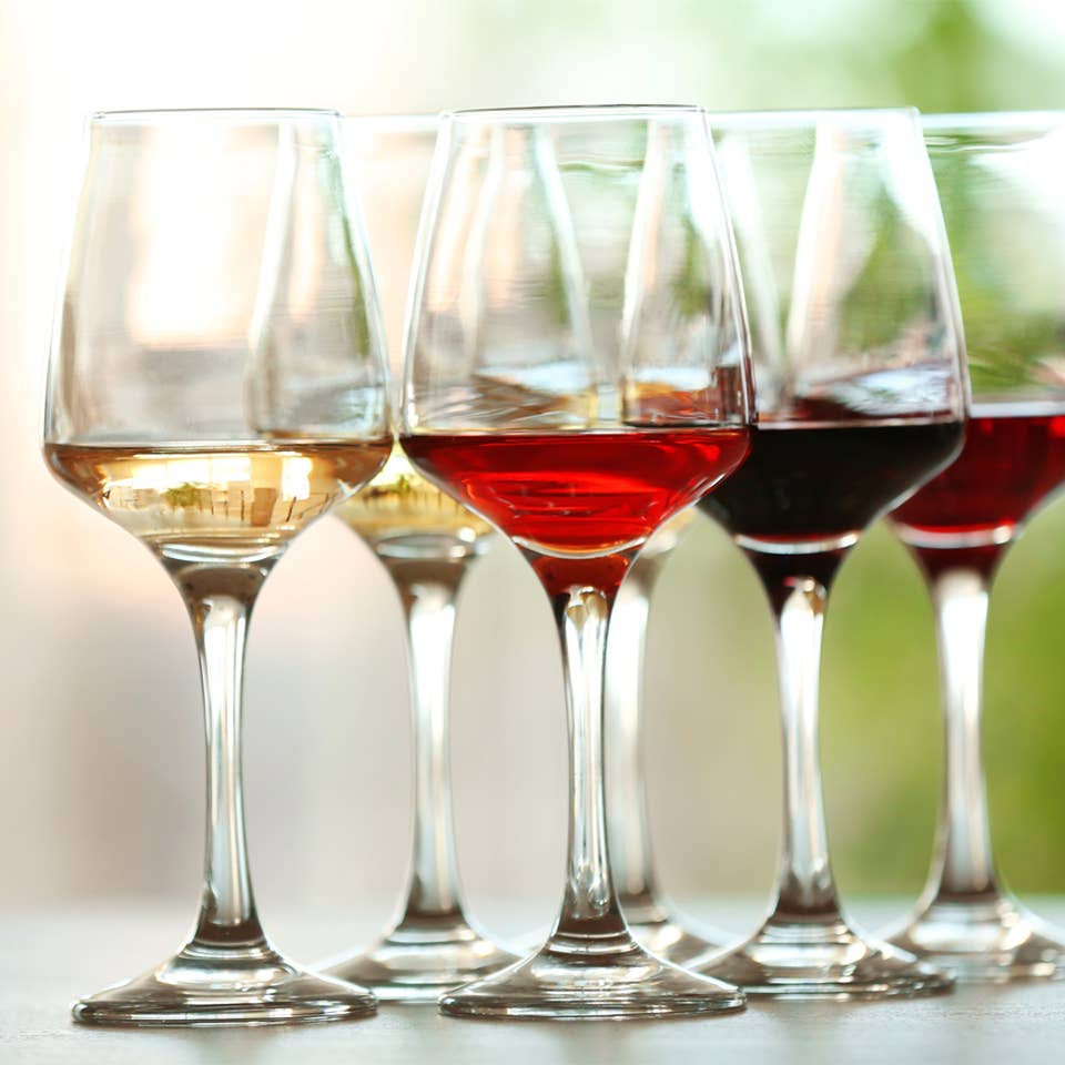 Glasses of wine filled with different kinds of wine