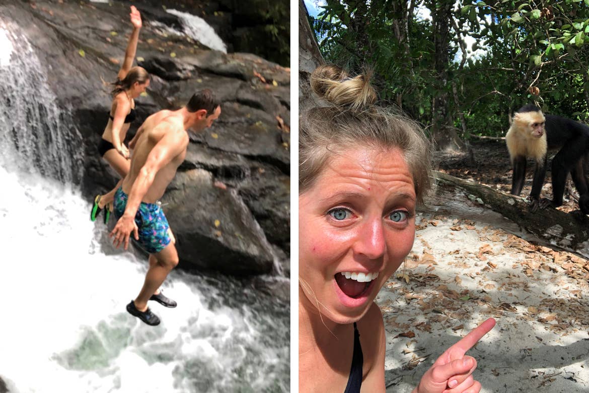 Left: Tiffany (back-left) and her husband (front-right) jump off a waterfall in Costa Rica. Right: Tiffany points at a friendly Capuchin monkey.