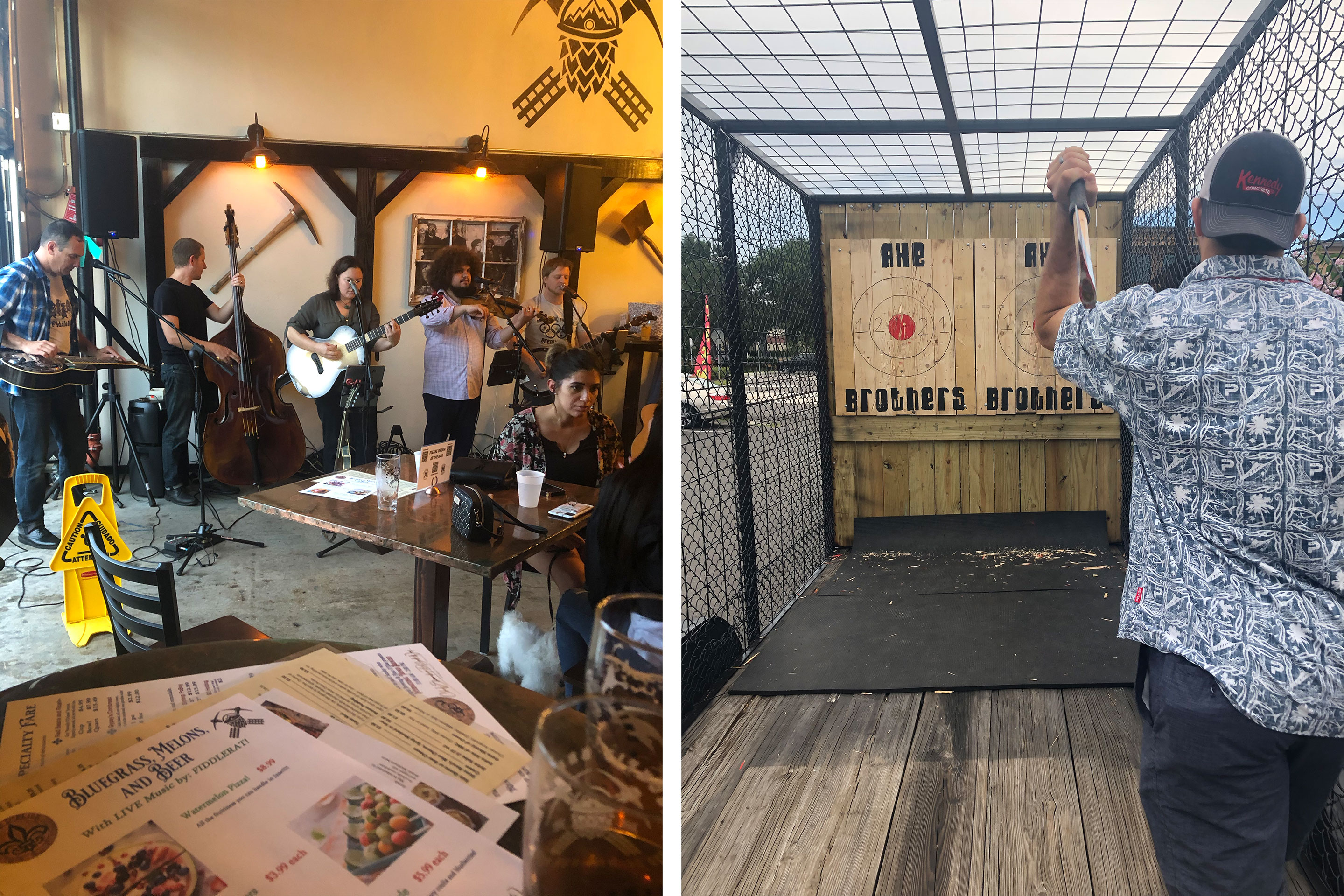 Right: A live band performs indoors. Left: A man in a patterned shit, shorts and backward cap prepares to throw an ax at an outdoor scoreboard.